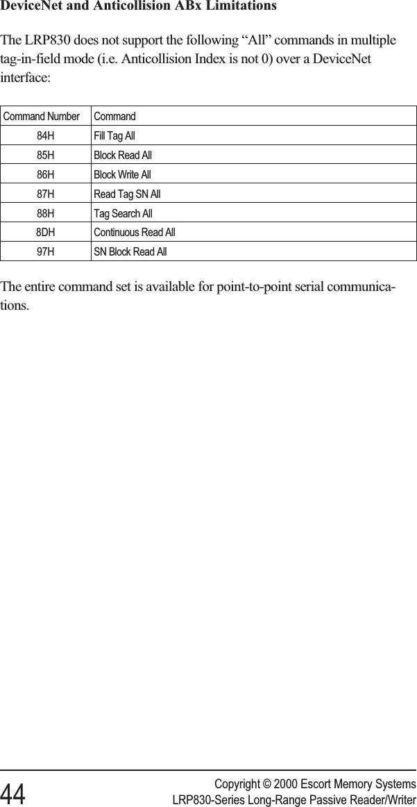 DeviceNet and Anticollision ABx LimitationsThe LRP830 does not support the following “All” commands in multipletag-in-field mode (i.e. Anticollision Index is not 0) over a DeviceNetinterface:Command Number Command84H Fill Tag All85H Block Read All86H Block Write All87H Read Tag SN All88H Tag Search All8DH Continuous Read All97H SN Block Read AllThe entire command set is available for point-to-point serial communica-tions.Copyright © 2000 Escort Memory Systems44 LRP830-Series Long-Range Passive Reader/Writer