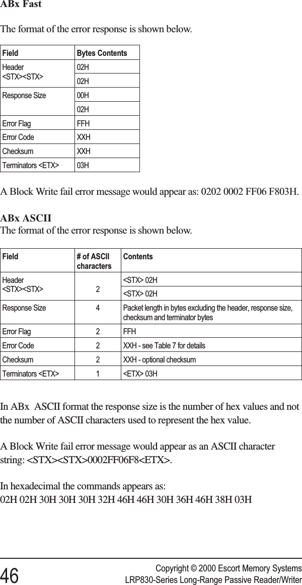 ABx FastThe format of the error response is shown below.A Block Write fail error message would appear as: 0202 0002 FF06 F803H.ABx ASCIIThe format of the error response is shown below.In ABx ASCII format the response size is the number of hex values and notthe number of ASCII characters used to represent the hex value.A Block Write fail error message would appear as an ASCII characterstring: &lt;STX&gt;&lt;STX&gt;0002FF06F8&lt;ETX&gt;.In hexadecimal the commands appears as:02H 02H 30H 30H 30H 32H 46H 46H 30H 36H 46H 38H 03HCopyright © 2000 Escort Memory Systems46 LRP830-Series Long-Range Passive Reader/WriterField Bytes ContentsHeader&lt;STX&gt;&lt;STX&gt;02H02HResponse Size 00H02HError Flag FFHError Code XXHChecksum XXHTerminators &lt;ETX&gt; 03HField # of ASCIIcharactersContentsHeader&lt;STX&gt;&lt;STX&gt; 2&lt;STX&gt; 02H&lt;STX&gt; 02HResponse Size 4 Packet length in bytes excluding the header, response size,checksum and terminator bytesError Flag 2 FFHError Code 2 XXH - see Table 7 for detailsChecksum 2 XXH - optional checksumTerminators &lt;ETX&gt; 1 &lt;ETX&gt; 03H