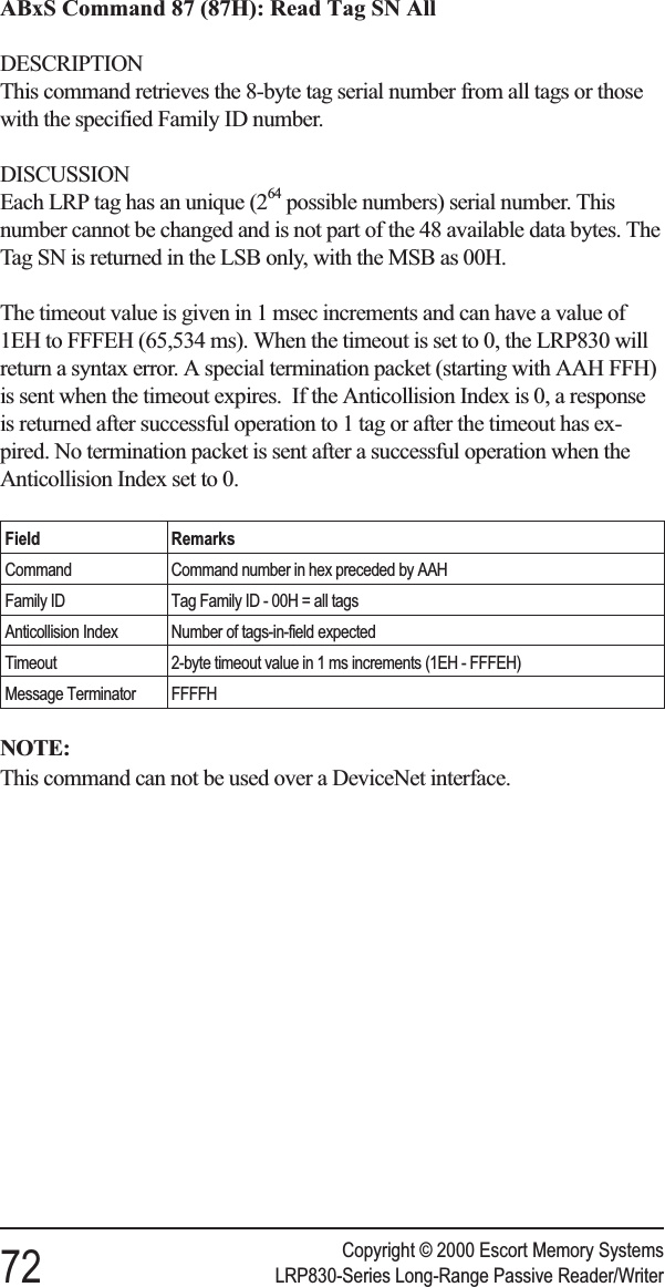 ABxS Command 87 (87H): Read Tag SN AllDESCRIPTIONThis command retrieves the 8-byte tag serial number from all tags or thosewith the specified Family ID number.DISCUSSIONEach LRP tag has an unique (264 possible numbers) serial number. Thisnumber cannot be changed and is not part of the 48 available data bytes. TheTag SN is returned in the LSB only, with the MSB as 00H.The timeout value is given in 1 msec increments and can have a value of1EH to FFFEH (65,534 ms). When the timeout is set to 0, the LRP830 willreturn a syntax error. A special termination packet (starting with AAH FFH)is sent when the timeout expires. If the Anticollision Index is 0, a responseis returned after successful operation to 1 tag or after the timeout has ex-pired. No termination packet is sent after a successful operation when theAnticollision Index set to 0.Field RemarksCommand Command number in hex preceded by AAHFamily ID Tag Family ID - 00H = all tagsAnticollision Index Number of tags-in-field expectedTimeout 2-byte timeout value in 1 ms increments (1EH - FFFEH)Message Terminator FFFFHNOTE:This command can not be used over a DeviceNet interface.Copyright © 2000 Escort Memory Systems72 LRP830-Series Long-Range Passive Reader/Writer