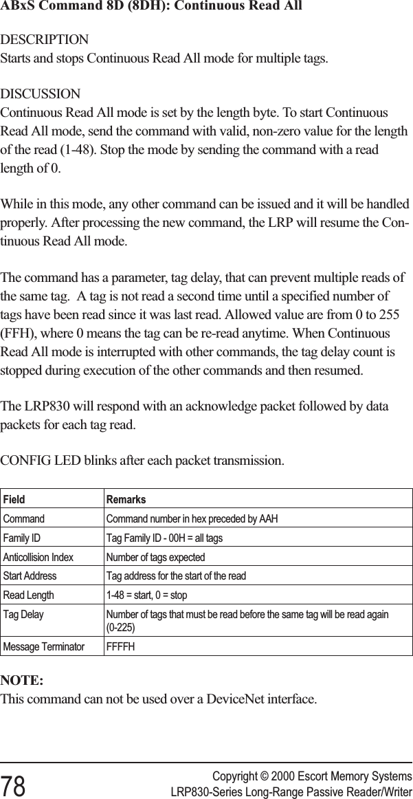 ABxS Command 8D (8DH): Continuous Read AllDESCRIPTIONStarts and stops Continuous Read All mode for multiple tags.DISCUSSIONContinuous Read All mode is set by the length byte. To start ContinuousRead All mode, send the command with valid, non-zero value for the lengthof the read (1-48). Stop the mode by sending the command with a readlength of 0.While in this mode, any other command can be issued and it will be handledproperly. After processing the new command, the LRP will resume the Con-tinuous Read All mode.The command has a parameter, tag delay, that can prevent multiple reads ofthe same tag. A tag is not read a second time until a specified number oftags have been read since it was last read. Allowed value are from 0 to 255(FFH), where 0 means the tag can be re-read anytime. When ContinuousRead All mode is interrupted with other commands, the tag delay count isstopped during execution of the other commands and then resumed.The LRP830 will respond with an acknowledge packet followed by datapackets for each tag read.CONFIG LED blinks after each packet transmission.Field RemarksCommand Command number in hex preceded by AAHFamily ID Tag Family ID - 00H = all tagsAnticollision Index Number of tags expectedStart Address Tag address for the start of the readRead Length 1-48 = start, 0 = stopTag Delay Number of tags that must be read before the same tag will be read again(0-225)Message Terminator FFFFHNOTE:This command can not be used over a DeviceNet interface.Copyright © 2000 Escort Memory Systems78 LRP830-Series Long-Range Passive Reader/Writer