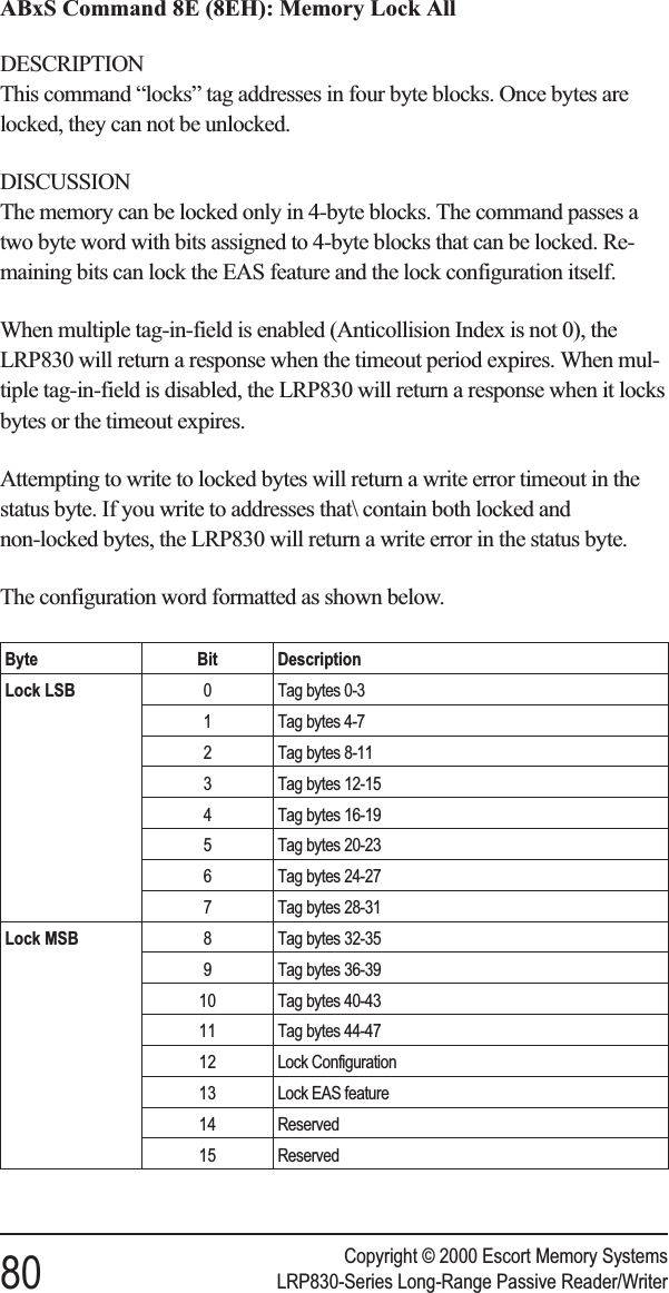 ABxS Command 8E (8EH): Memory Lock AllDESCRIPTIONThis command “locks” tag addresses in four byte blocks. Once bytes arelocked, they can not be unlocked.DISCUSSIONThe memory can be locked only in 4-byte blocks. The command passes atwo byte word with bits assigned to 4-byte blocks that can be locked. Re-maining bits can lock the EAS feature and the lock configuration itself.When multiple tag-in-field is enabled (Anticollision Index is not 0), theLRP830 will return a response when the timeout period expires. When mul-tiple tag-in-field is disabled, the LRP830 will return a response when it locksbytes or the timeout expires.Attempting to write to locked bytes will return a write error timeout in thestatus byte. If you write to addresses that\ contain both locked andnon-locked bytes, the LRP830 will return a write error in the status byte.The configuration word formatted as shown below.Byte Bit DescriptionLock LSB 0 Tag bytes 0-31 Tag bytes 4-72 Tag bytes 8-113 Tag bytes 12-154 Tag bytes 16-195 Tag bytes 20-236 Tag bytes 24-277 Tag bytes 28-31Lock MSB 8 Tag bytes 32-359 Tag bytes 36-3910 Tag bytes 40-4311 Tag bytes 44-4712 Lock Configuration13 Lock EAS feature14 Reserved15 ReservedCopyright © 2000 Escort Memory Systems80 LRP830-Series Long-Range Passive Reader/Writer