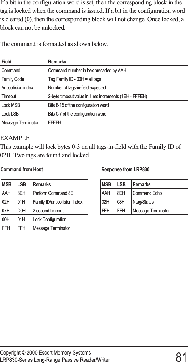 If a bit in the configuration word is set, then the corresponding block in thetag is locked when the command is issued. If a bit in the configuration wordis cleared (0), then the corresponding block will not change. Once locked, ablock can not be unlocked.The command is formatted as shown below.Field RemarksCommand Command number in hex preceded by AAHFamily Code Tag Family ID - 00H = all tagsAnticollision index Number of tags-in-field expectedTimeout 2-byte timeout value in 1 ms increments (1EH - FFFEH)Lock MSB Bits 8-15 of the configuration wordLock LSB Bits 0-7 of the configuration wordMessage Terminator FFFFHEXAMPLEThis example will lock bytes 0-3 on all tags-in-field with the Family ID of02H. Two tags are found and locked.Copyright © 2000 Escort Memory SystemsLRP830-Series Long-Range Passive Reader/Writer 81Command from HostMSB LSB RemarksAAH 8EH Perform Command 8E02H 01H Family ID/anticollision Index07H D0H 2 second timeout00H 01H Lock ConfigurationFFH FFH Message TerminatorResponse from LRP830MSB LSB RemarksAAH 8EH Command Echo02H 08H Ntag/StatusFFH FFH Message Terminator