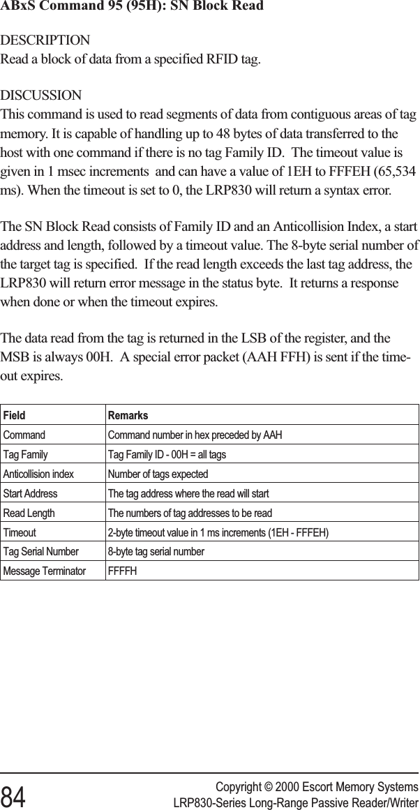 ABxS Command 95 (95H): SN Block ReadDESCRIPTIONRead a block of data from a specified RFID tag.DISCUSSIONThis command is used to read segments of data from contiguous areas of tagmemory. It is capable of handling up to 48 bytes of data transferred to thehost with one command if there is no tag Family ID. The timeout value isgiven in 1 msec increments and can have a value of 1EH to FFFEH (65,534ms). When the timeout is set to 0, the LRP830 will return a syntax error.The SN Block Read consists of Family ID and an Anticollision Index, a startaddress and length, followed by a timeout value. The 8-byte serial number ofthe target tag is specified. If the read length exceeds the last tag address, theLRP830 will return error message in the status byte. It returns a responsewhen done or when the timeout expires.The data read from the tag is returned in the LSB of the register, and theMSB is always 00H. A special error packet (AAH FFH) is sent if the time-out expires.Field RemarksCommand Command number in hex preceded by AAHTag Family Tag Family ID - 00H = all tagsAnticollision index Number of tags expectedStart Address The tag address where the read will startRead Length The numbers of tag addresses to be readTimeout 2-byte timeout value in 1 ms increments (1EH - FFFEH)Tag Serial Number 8-byte tag serial numberMessage Terminator FFFFHCopyright © 2000 Escort Memory Systems84 LRP830-Series Long-Range Passive Reader/Writer