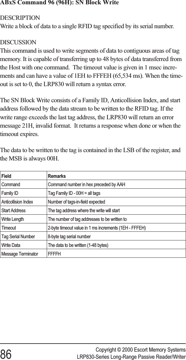 ABxS Command 96 (96H): SN Block WriteDESCRIPTIONWrite a block of data to a single RFID tag specified by its serial number.DISCUSSIONThis command is used to write segments of data to contiguous areas of tagmemory. It is capable of transferring up to 48 bytes of data transferred fromthe Host with one command. The timeout value is given in 1 msec incre-ments and can have a value of 1EH to FFFEH (65,534 ms). When the time-out is set to 0, the LRP830 will return a syntax error.The SN Block Write consists of a Family ID, Anticollision Index, and startaddress followed by the data stream to be written to the RFID tag. If thewrite range exceeds the last tag address, the LRP830 will return an errormessage 21H, invalid format. It returns a response when done or when thetimeout expires.The data to be written to the tag is contained in the LSB of the register, andthe MSB is always 00H.Field RemarksCommand Command number in hex preceded by AAHFamily ID Tag Family ID - 00H = all tagsAnticollision Index Number of tags-in-field expectedStart Address The tag address where the write will startWrite Length The number of tag addresses to be written toTimeout 2-byte timeout value in 1 ms increments (1EH - FFFEH)Tag Serial Number 8-byte tag serial numberWrite Data The data to be written (1-48 bytes)Message Terminator FFFFHCopyright © 2000 Escort Memory Systems86 LRP830-Series Long-Range Passive Reader/Writer