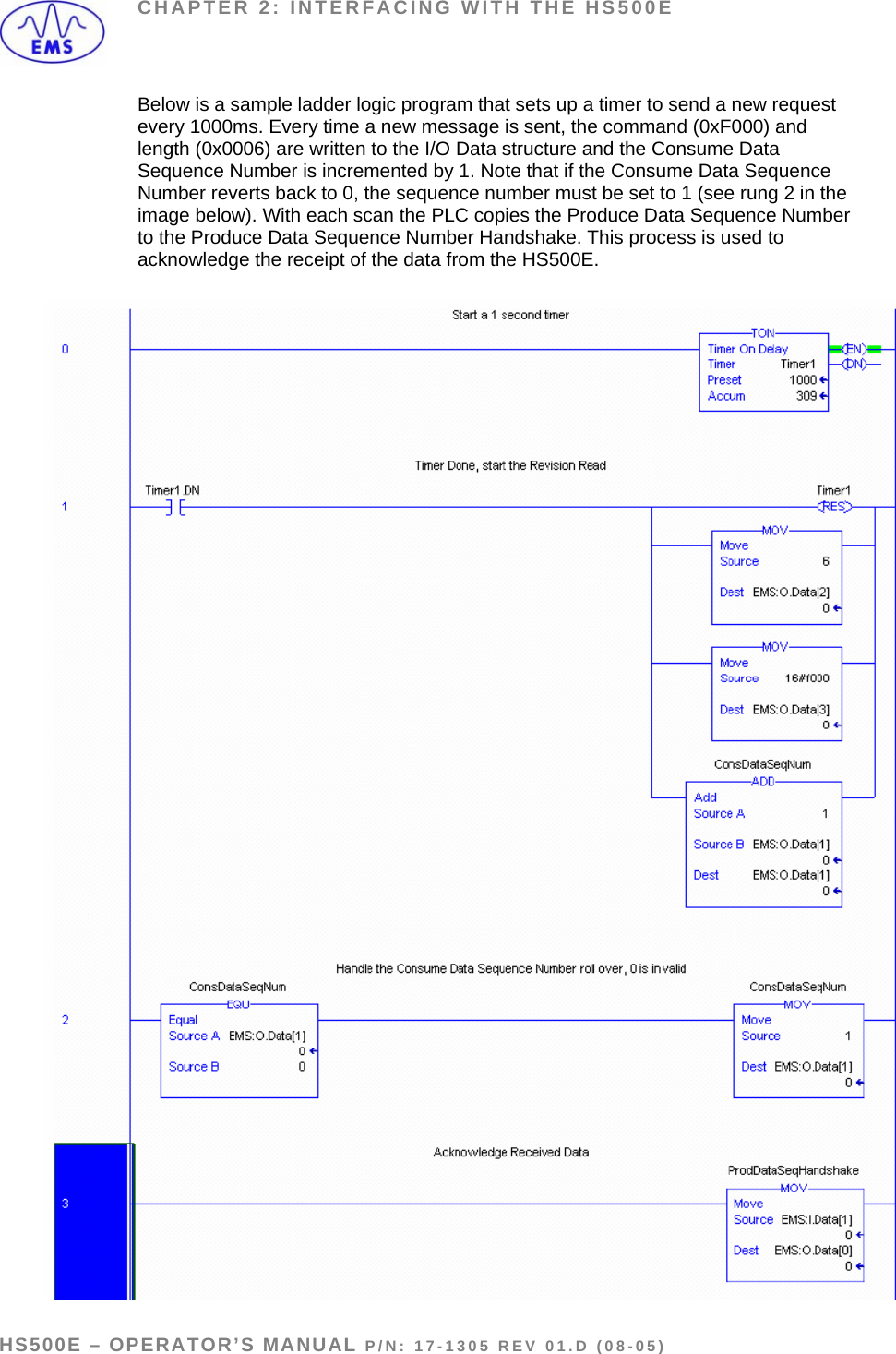 CHAPTER 2: INTERFACING WITH THE HS500E Below is a sample ladder logic program that sets up a timer to send a new request every 1000ms. Every time a new message is sent, the command (0xF000) and length (0x0006) are written to the I/O Data structure and the Consume Data Sequence Number is incremented by 1. Note that if the Consume Data Sequence Number reverts back to 0, the sequence number must be set to 1 (see rung 2 in the image below). With each scan the PLC copies the Produce Data Sequence Number to the Produce Data Sequence Number Handshake. This process is used to acknowledge the receipt of the data from the HS500E.   HS500E – OPERATOR’S MANUAL P/N: 17-1305 REV 01.D (08-05) PAGE 17 OF 51