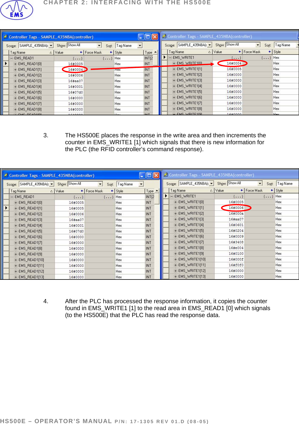 CHAPTER 2: INTERFACING WITH THE HS500E   3.  The HS500E places the response in the write area and then increments the counter in EMS_WRITE1 [1] which signals that there is new information for the PLC (the RFID controller’s command response).    4.  After the PLC has processed the response information, it copies the counter found in EMS_WRITE1 [1] to the read area in EMS_READ1 [0] which signals (to the HS500E) that the PLC has read the response data.   HS500E – OPERATOR’S MANUAL P/N: 17-1305 REV 01.D (08-05) PAGE 30 OF 51