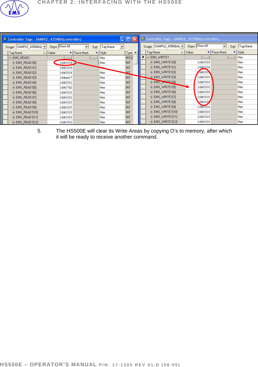 CHAPTER 2: INTERFACING WITH THE HS500E   5.  The HS500E will clear its Write Areas by copying O’s to memory, after which it will be ready to receive another command.  HS500E – OPERATOR’S MANUAL P/N: 17-1305 REV 01.D (08-05) PAGE 31 OF 51