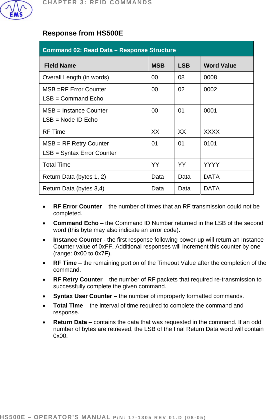 CHAPTER 3: RFID COMMANDS Response from HS500E Command 02: Read Data – Response Structure  Field Name  MSB  LSB  Word Value Overall Length (in words)  00  08  0008 MSB =RF Error Counter LSB = Command Echo 00 02 0002 MSB = Instance Counter LSB = Node ID Echo 00 01 0001 RF Time  XX  XX  XXXX MSB = RF Retry Counter LSB = Syntax Error Counter 01 01 0101 Total Time  YY  YY  YYYY Return Data (bytes 1, 2)  Data  Data  DATA Return Data (bytes 3,4)   Data  Data  DATA  • RF Error Counter – the number of times that an RF transmission could not be completed. • Command Echo – the Command ID Number returned in the LSB of the second word (this byte may also indicate an error code).  • Instance Counter - the first response following power-up will return an Instance Counter value of 0xFF. Additional responses will increment this counter by one (range: 0x00 to 0x7F). • RF Time – the remaining portion of the Timeout Value after the completion of the command.  • RF Retry Counter – the number of RF packets that required re-transmission to successfully complete the given command.  • Syntax User Counter – the number of improperly formatted commands.  • Total Time – the interval of time required to complete the command and response. • Return Data – contains the data that was requested in the command. If an odd number of bytes are retrieved, the LSB of the final Return Data word will contain 0x00.    HS500E – OPERATOR’S MANUAL P/N: 17-1305 REV 01.D (08-05) PAGE 35 OF 51