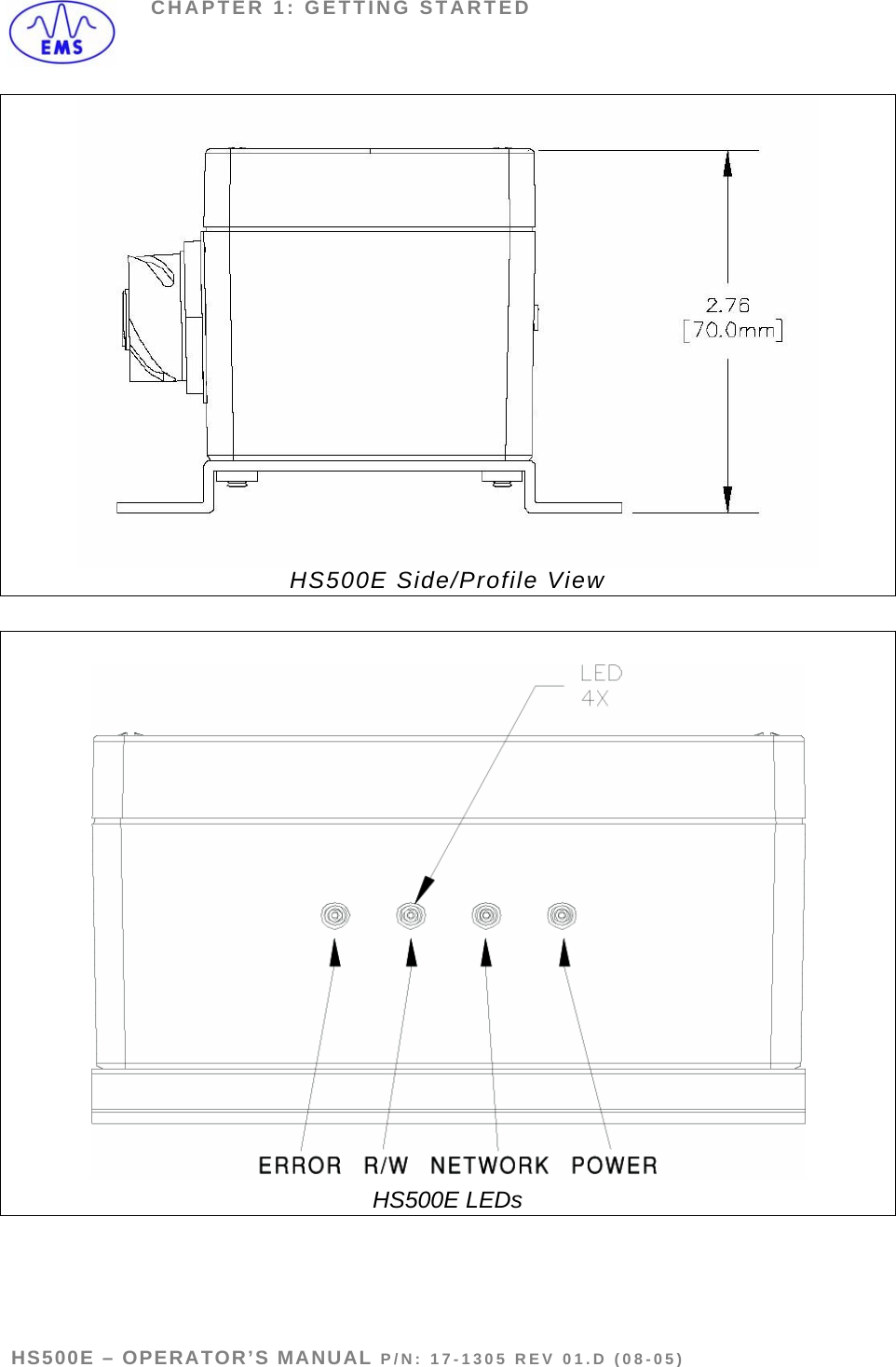 CHAPTER 1: GETTING STARTED  HS500E Side/Profile View    HS500E LEDs  HS500E – OPERATOR’S MANUAL P/N: 17-1305 REV 01.D (08-05) PAGE 9 OF 51