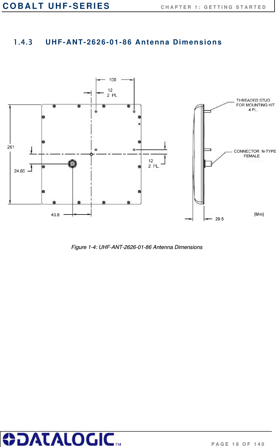 COBALT UHF-SERIES                    CHAPTER 1: GETTING STARTED                                     PAGE 18 OF 140  1.4.3  UHF-ANT-2626-01-86 Antenna Dimensions     Figure 1-4: UHF-ANT-2626-01-86 Antenna Dimensions 