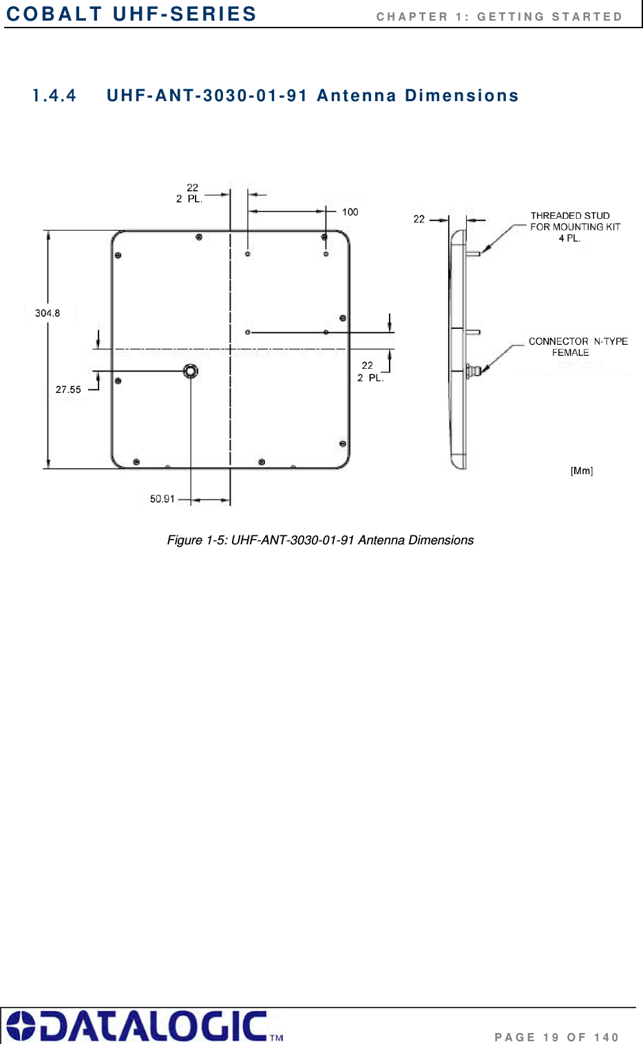 COBALT UHF-SERIES                    CHAPTER 1: GETTING STARTED                                     PAGE 19 OF 140  1.4.4  UHF-ANT-3030-01-91 Antenna Dimensions    Figure 1-5: UHF-ANT-3030-01-91 Antenna Dimensions  