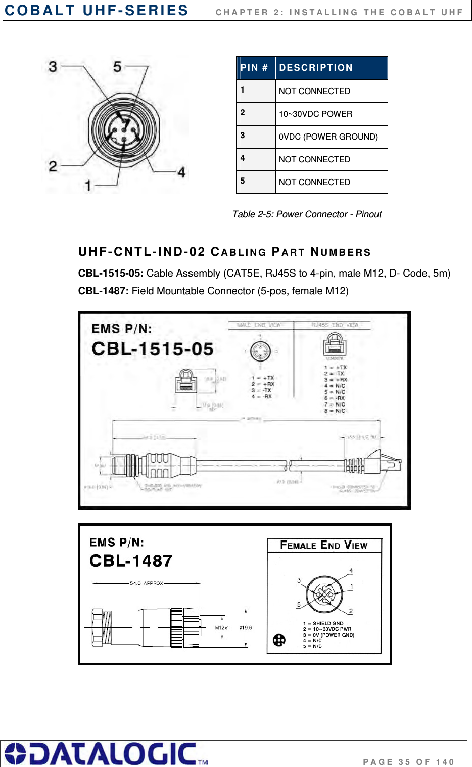 COBALT UHF-SERIES      CHAPTER 2: INSTALLING THE COBALT UHF                                     PAGE 35 OF 140                                                                   Table 2-5: Power Connector - Pinout   UHF-CNTL-IND-02 CABLING PART NUMBERS CBL-1515-05: Cable Assembly (CAT5E, RJ45S to 4-pin, male M12, D- Code, 5m) CBL-1487: Field Mountable Connector (5-pos, female M12)     PIN #  DESCRIPTION 1  NOT CONNECTED 2  10~30VDC POWER 3  0VDC (POWER GROUND) 4  NOT CONNECTED 5  NOT CONNECTED 