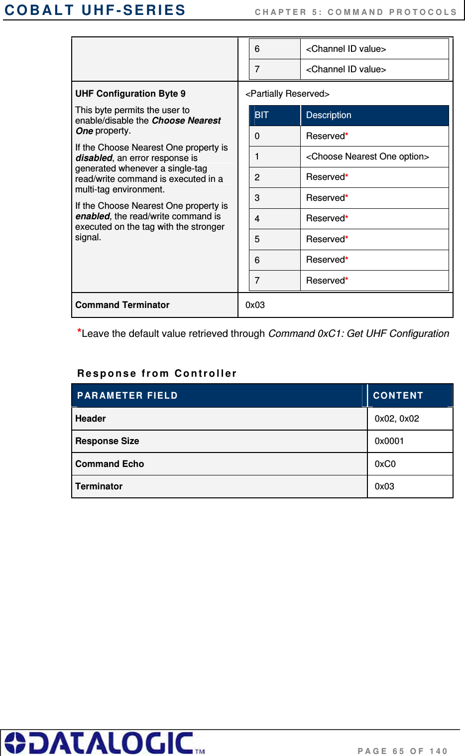 COBALT UHF-SERIES    CHAPTER 5: COMMAND PROTOCOLS                                     PAGE 65 OF 140 6  &lt;Channel ID value&gt; 7  &lt;Channel ID value&gt;  UHF Configuration Byte 9 This byte permits the user to enable/disable the Choose Nearest One property.  If the Choose Nearest One property is disabled, an error response is generated whenever a single-tag read/write command is executed in a multi-tag environment.  If the Choose Nearest One property is enabled, the read/write command is executed on the tag with the stronger signal.  &lt;Partially Reserved&gt; BIT  Description 0  Reserved* 1  &lt;Choose Nearest One option&gt; 2  Reserved* 3  Reserved* 4  Reserved* 5  Reserved* 6  Reserved* 7  Reserved*  Command Terminator   0x03 *Leave the default value retrieved through Command 0xC1: Get UHF Configuration  Response from Controller PARAMETER FIELD  CONTENT Header  0x02, 0x02 Response Size  0x0001 Command Echo  0xC0 Terminator  0x03    