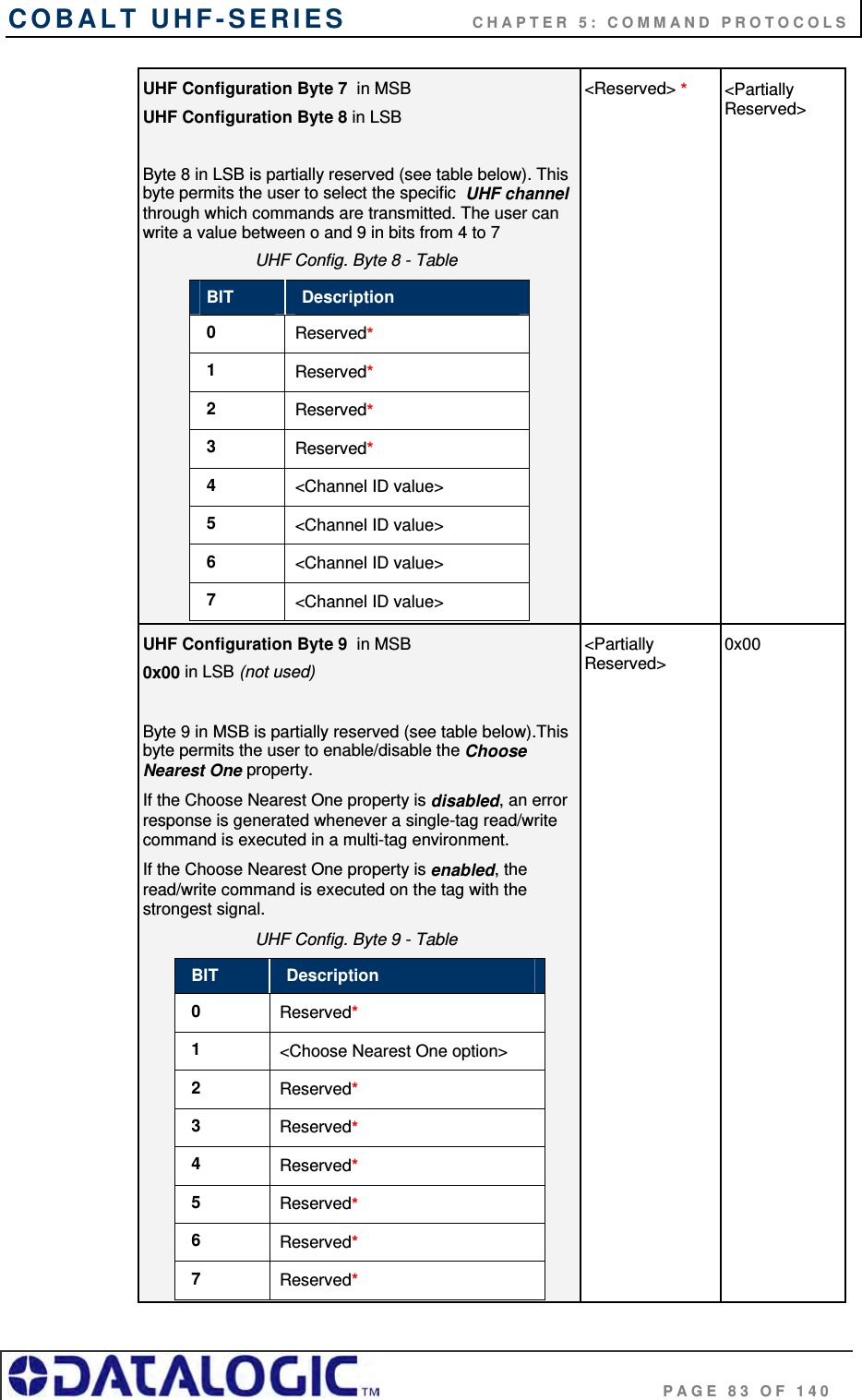 COBALT UHF-SERIES    CHAPTER 5: COMMAND PROTOCOLS                                     PAGE 83 OF 140 UHF Configuration Byte 7  in MSB UHF Configuration Byte 8 in LSB   Byte 8 in LSB is partially reserved (see table below). This byte permits the user to select the specific  UHF channel through which commands are transmitted. The user can write a value between o and 9 in bits from 4 to 7  UHF Config. Byte 8 - Table BIT  Description 0  Reserved* 1  Reserved* 2  Reserved* 3  Reserved* 4  &lt;Channel ID value&gt; 5  &lt;Channel ID value&gt; 6  &lt;Channel ID value&gt; 7  &lt;Channel ID value&gt;  &lt;Reserved&gt; * &lt;Partially Reserved&gt;  UHF Configuration Byte 9  in MSB 0x00 in LSB (not used)  Byte 9 in MSB is partially reserved (see table below).This byte permits the user to enable/disable the Choose Nearest One property.  If the Choose Nearest One property is disabled, an error response is generated whenever a single-tag read/write command is executed in a multi-tag environment.  If the Choose Nearest One property is enabled, the read/write command is executed on the tag with the strongest signal. UHF Config. Byte 9 - Table BIT  Description 0  Reserved* 1  &lt;Choose Nearest One option&gt; 2  Reserved* 3  Reserved* 4  Reserved* 5  Reserved* 6  Reserved* 7  Reserved*  &lt;Partially Reserved&gt; 0x00  