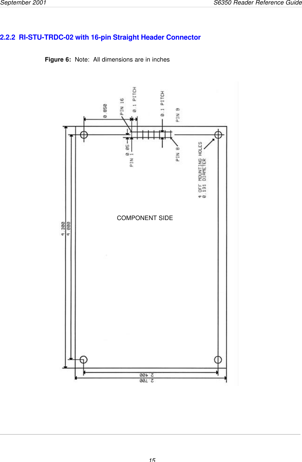 September 2001       S6350 Reader Reference Guide152.2.2  RI-STU-TRDC-02 with 16-pin Straight Header ConnectorFigure 6:  Note:  All dimensions are in inchesCOMPONENT SIDE