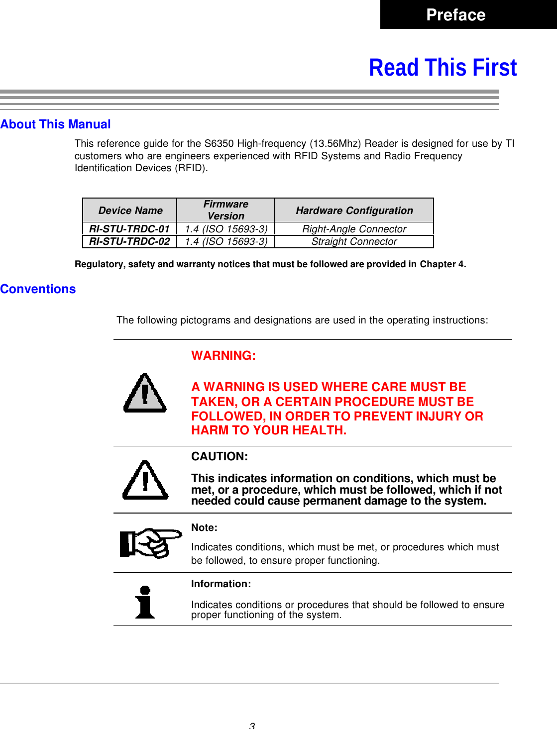 3Read This FirstAbout This ManualThis reference guide for the S6350 High-frequency (13.56Mhz) Reader is designed for use by TIcustomers who are engineers experienced with RFID Systems and Radio FrequencyIdentification Devices (RFID).Device Name FirmwareVersion Hardware ConfigurationRI-STU-TRDC-01 1.4 (ISO 15693-3) Right-Angle ConnectorRI-STU-TRDC-02 1.4 (ISO 15693-3) Straight ConnectorRegulatory, safety and warranty notices that must be followed are provided in Chapter 4.ConventionsThe following pictograms and designations are used in the operating instructions:WARNING:A WARNING IS USED WHERE CARE MUST BETAKEN, OR A CERTAIN PROCEDURE MUST BEFOLLOWED, IN ORDER TO PREVENT INJURY ORHARM TO YOUR HEALTH.CAUTION:This indicates information on conditions, which must bemet, or a procedure, which must be followed, which if notneeded could cause permanent damage to the system.Note:Indicates conditions, which must be met, or procedures which mustbe followed, to ensure proper functioning.Information:Indicates conditions or procedures that should be followed to ensureproper functioning of the system.Preface