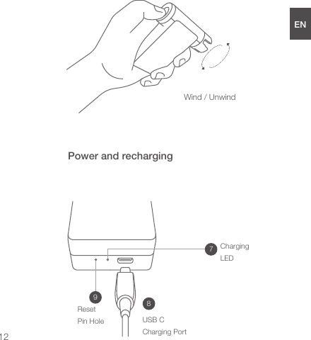 Power and rechargingUSB CCharging PortResetPin HoleChargingLED79812Wind / UnwindENDEESFRJPCN