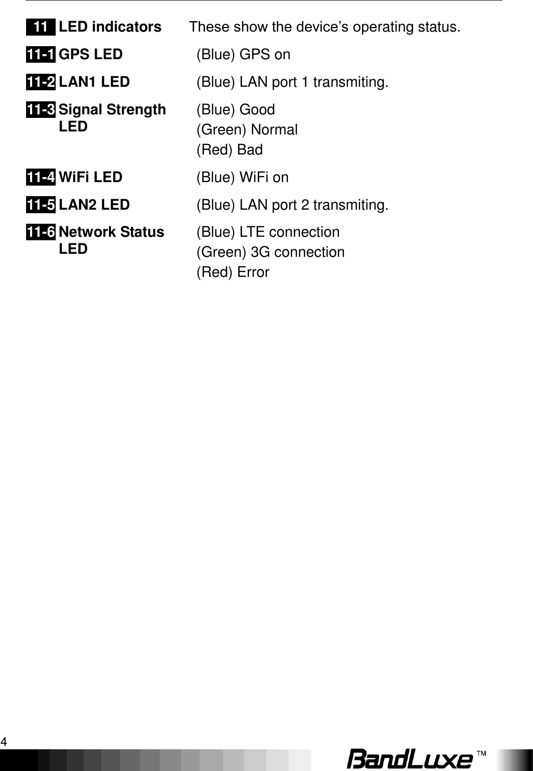 Package Contents 4  11 LED indicators These show the device’s operating status. 11-1   GPS LED   (Blue) GPS on 11-2 LAN1 LED     (Blue) LAN port 1 transmiting. 11-3 Signal Strength LED   (Blue) Good   (Green) Normal   (Red) Bad 11-4 WiFi LED   (Blue) WiFi on 11-5 LAN2 LED   (Blue) LAN port 2 transmiting. 11-6 Network Status LED   (Blue) LTE connection   (Green) 3G connection   (Red) Error   