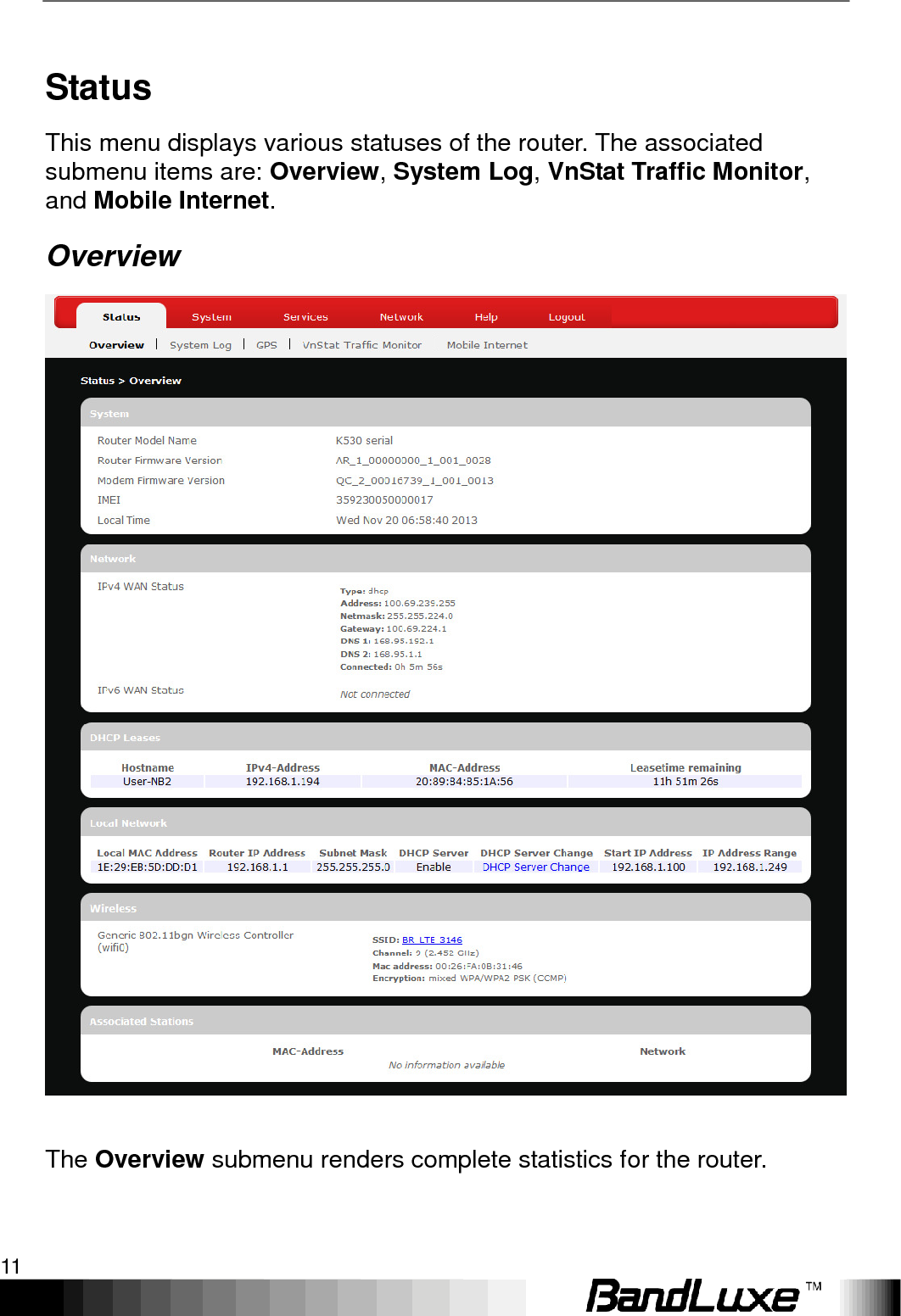   Using Web-based Management 11 Status This menu displays various statuses of the router. The associated submenu items are: Overview, System Log, VnStat Traffic Monitor, and Mobile Internet. Overview   The Overview submenu renders complete statistics for the router. 