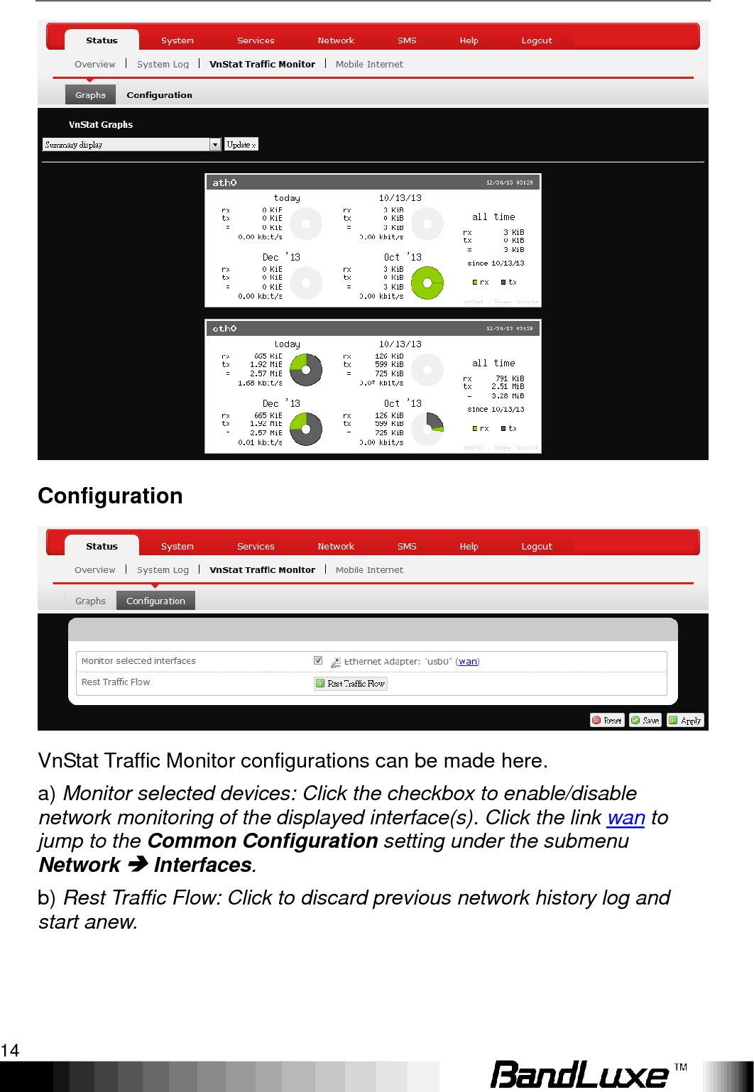 Using Web-based Management 14   Configuration  VnStat Traffic Monitor configurations can be made here. a) Monitor selected devices: Click the checkbox to enable/disable network monitoring of the displayed interface(s). Click the link wan to jump to the Common Configuration setting under the submenu Network  Interfaces. b) Rest Traffic Flow: Click to discard previous network history log and start anew.  