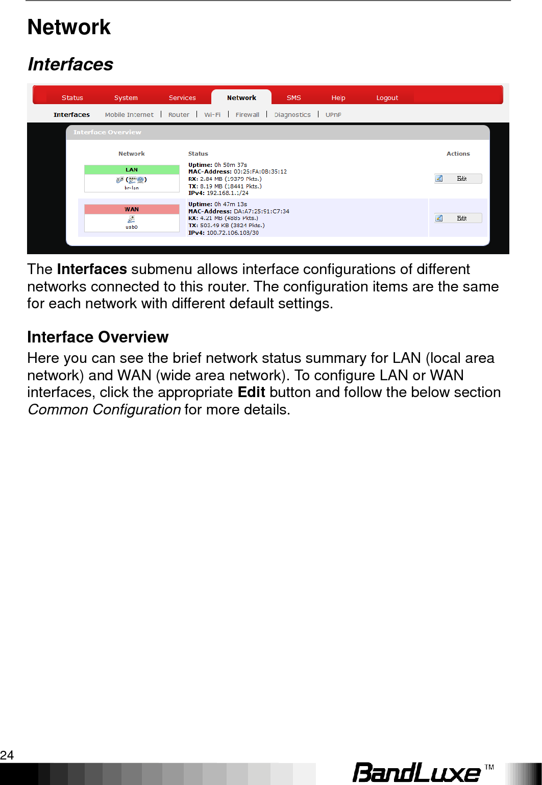 Using Web-based Management 24  Network Interfaces  The Interfaces submenu allows interface configurations of different networks connected to this router. The configuration items are the same for each network with different default settings. Interface Overview Here you can see the brief network status summary for LAN (local area network) and WAN (wide area network). To configure LAN or WAN interfaces, click the appropriate Edit button and follow the below section Common Configuration for more details. 