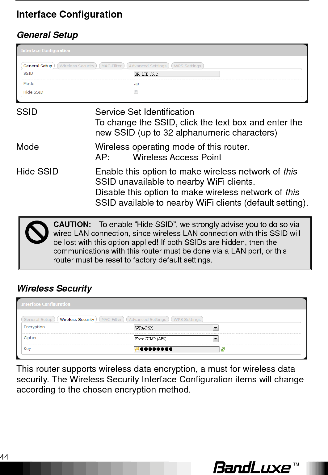 Using Web-based Management 44  Interface Configuration General Setup  SSID Service Set Identification To change the SSID, click the text box and enter the new SSID (up to 32 alphanumeric characters) Mode Wireless operating mode of this router.  AP: Wireless Access Point Hide SSID Enable this option to make wireless network of this SSID unavailable to nearby WiFi clients. Disable this option to make wireless network of this SSID available to nearby WiFi clients (default setting).       Wireless Security  This router supports wireless data encryption, a must for wireless data security. The Wireless Security Interface Configuration items will change according to the chosen encryption method.  CAUTION:    To enable “Hide SSID”, we strongly advise you to do so via wired LAN connection, since wireless LAN connection with this SSID will be lost with this option applied! If both SSIDs are hidden, then the communications with this router must be done via a LAN port, or this router must be reset to factory default settings.  