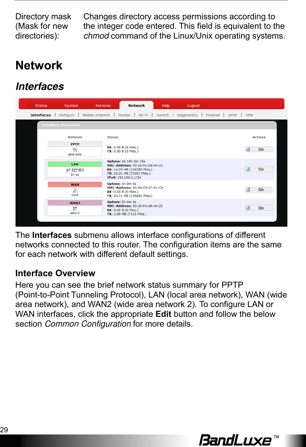  Using Web-based Management 29 Directory mask (Mask for new directories): Changes directory access permissions according to the integer code entered. This field is equivalent to the chmod command of the Linux/Unix operating systems. Network Interfaces  The Interfaces submenu allows interface configurations of different networks connected to this router. The configuration items are the same for each network with different default settings. Interface Overview Here you can see the brief network status summary for PPTP (Point-to-Point Tunneling Protocol), LAN (local area network), WAN (wide area network), and WAN2 (wide area network 2). To configure LAN or WAN interfaces, click the appropriate Edit button and follow the below section Common Configuration for more details. 