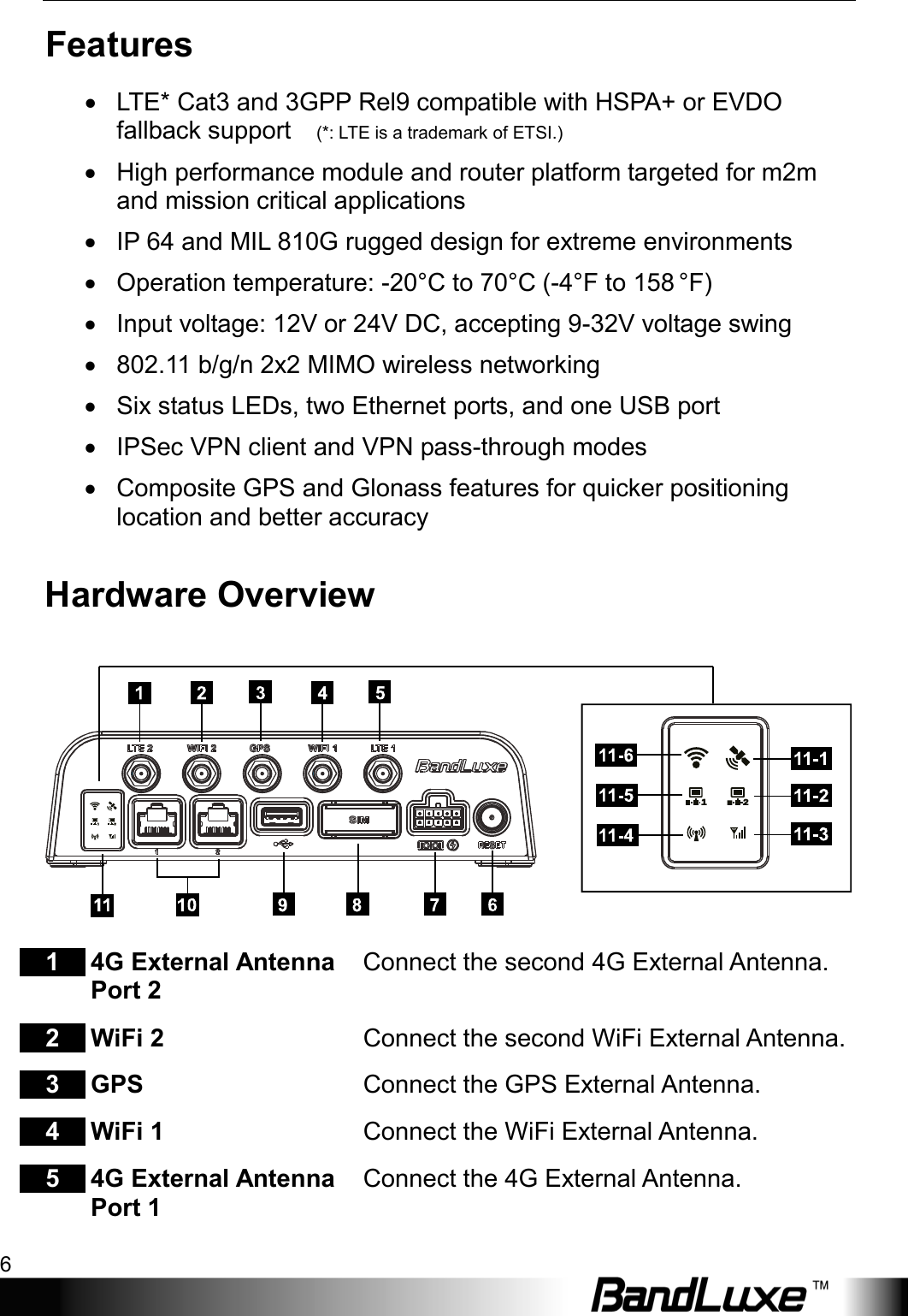 Package Contents 6  Features • LTE* Cat3 and 3GPP Rel9 compatible with HSPA+ or EVDO fallback support    (*: LTE is a trademark of ETSI.) • High performance module and router platform targeted for m2m and mission critical applications • IP 64 and MIL 810G rugged design for extreme environments • Operation temperature: -20°C to 70°C (-4°F to 158 °F) • Input voltage: 12V or 24V DC, accepting 9-32V voltage swing • 802.11 b/g/n 2x2 MIMO wireless networking •  Six status LEDs, two Ethernet ports, and one USB port •  IPSec VPN client and VPN pass-through modes • Composite GPS and Glonass features for quicker positioning location and better accuracy Hardware Overview   1  4G External Antenna Port 2 Connect the second 4G External Antenna. 2  WiFi 2  Connect the second WiFi External Antenna. 3  GPS  Connect the GPS External Antenna. 4  WiFi 1  Connect the WiFi External Antenna. 5  4G External Antenna Port 1   Connect the 4G External Antenna. 