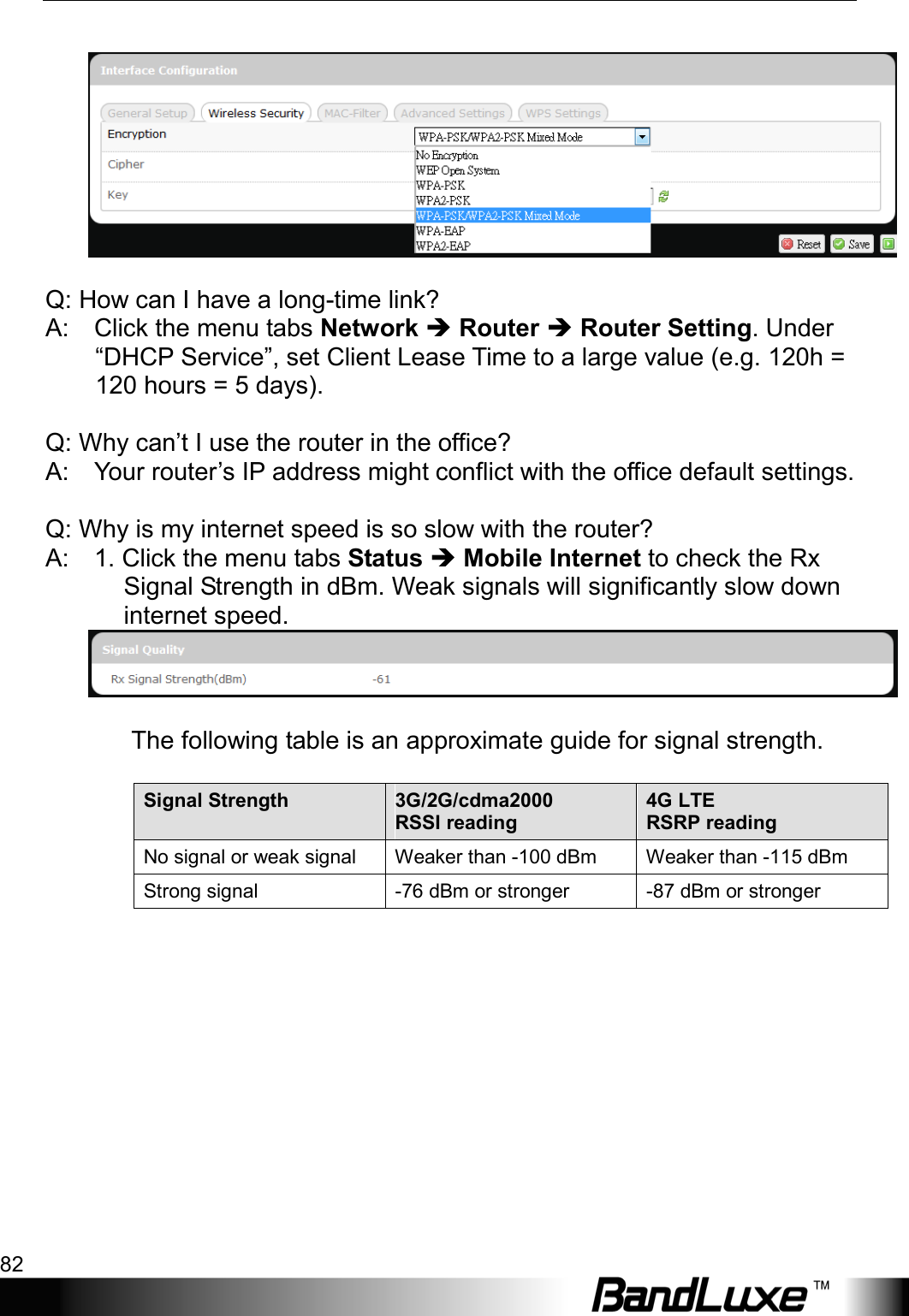 Appendix B: FAQ 82     Q: How can I have a long-time link?   A:    Click the menu tabs Network  Router  Router Setting. Under “DHCP Service”, set Client Lease Time to a large value (e.g. 120h = 120 hours = 5 days).    Q: Why can’t I use the router in the office?   A:    Your router’s IP address might conflict with the office default settings.      Q: Why is my internet speed is so slow with the router?   A:    1. Click the menu tabs Status  Mobile Internet to check the Rx Signal Strength in dBm. Weak signals will significantly slow down internet speed.    The following table is an approximate guide for signal strength.  Signal Strength 3G/2G/cdma2000   RSSI reading 4G LTE   RSRP reading No signal or weak signal Weaker than -100 dBm Weaker than -115 dBm Strong signal  -76 dBm or stronger  -87 dBm or stronger     