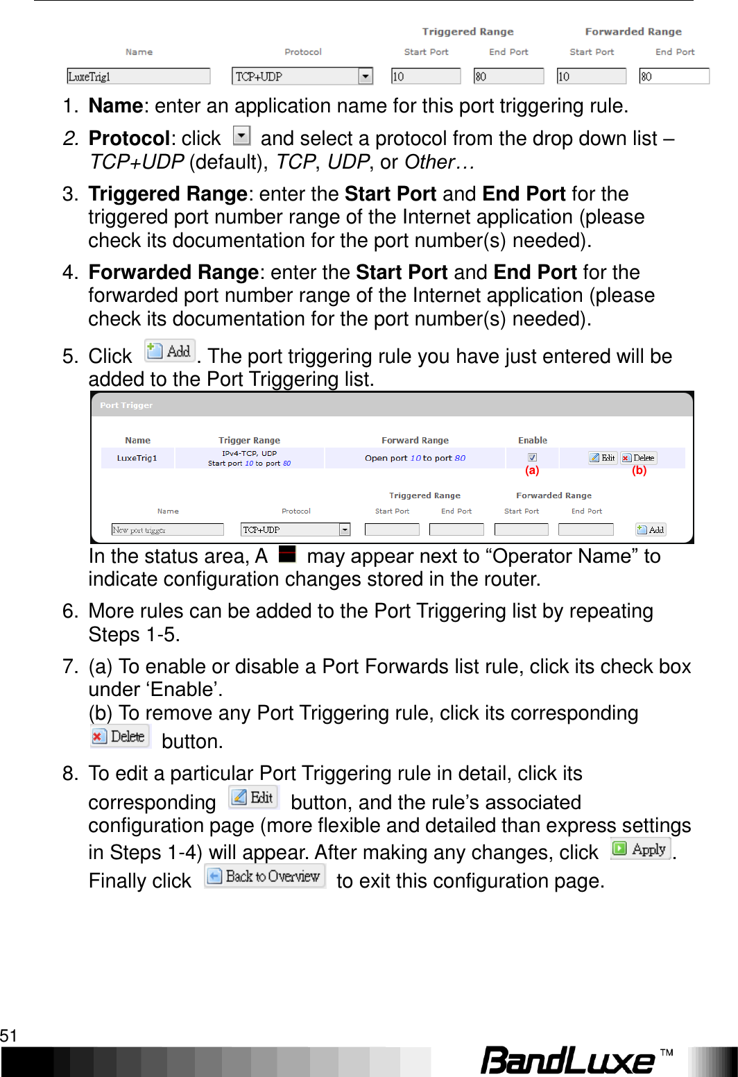   Using Web-based Management 51  1. Name: enter an application name for this port triggering rule. 2. Protocol: click    and select a protocol from the drop down list – TCP+UDP (default), TCP, UDP, or Other… 3. Triggered Range: enter the Start Port and End Port for the triggered port number range of the Internet application (please check its documentation for the port number(s) needed). 4. Forwarded Range: enter the Start Port and End Port for the forwarded port number range of the Internet application (please check its documentation for the port number(s) needed). 5.  Click  . The port triggering rule you have just entered will be added to the Port Triggering list. In the status area, A    may appear next to “Operator Name” to indicate configuration changes stored in the router. 6.  More rules can be added to the Port Triggering list by repeating Steps 1-5. 7.  (a) To enable or disable a Port Forwards list rule, click its check box under ‘Enable’.     (b) To remove any Port Triggering rule, click its corresponding   button. 8.  To edit a particular Port Triggering rule in detail, click its corresponding    button, and the rule’s associated configuration page (more flexible and detailed than express settings in Steps 1-4) will appear. After making any changes, click  . Finally click    to exit this configuration page. (a)                                (b) 