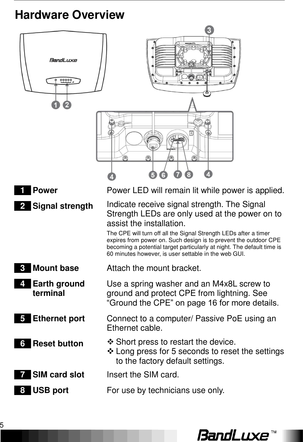   Product Overview 5 Hardware Overview      1 Power Power LED will remain lit while power is applied. 2 Signal strength Indicate receive signal strength. The Signal Strength LEDs are only used at the power on to assist the installation. The CPE will turn off all the Signal Strength LEDs after a timer expires from power on. Such design is to prevent the outdoor CPE becoming a potential target particularly at night. The default time is 60 minutes however, is user settable in the web GUI. 3 Mount base Attach the mount bracket. 4 Earth ground terminal Use a spring washer and an M4x8L screw to ground and protect CPE from lightning. See “Ground the CPE” on page 16 for more details. 5 Ethernet port Connect to a computer/ Passive PoE using an Ethernet cable. 6 Reset button  Short press to restart the device.  Long press for 5 seconds to reset the settings to the factory default settings. 7 SIM card slot Insert the SIM card. 8 USB port For use by technicians use only. 