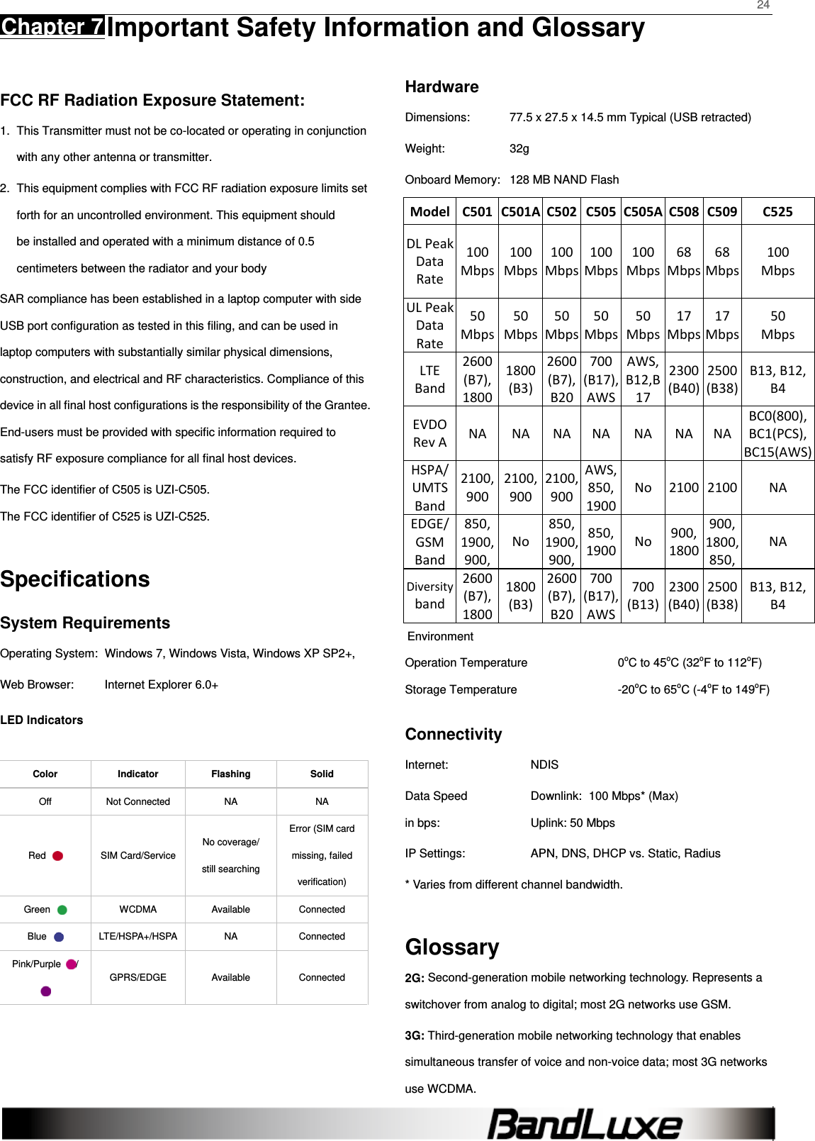    24 Chapter 7 Important Safety Information and Glossary      FCC RF Radiation Exposure Statement: 1.  This Transmitter must not be co-located or operating in conjunction with any other antenna or transmitter. 2.  This equipment complies with FCC RF radiation exposure limits set forth for an uncontrolled environment. This equipment should be installed and operated with a minimum distance of 0.5 centimeters between the radiator and your body SAR compliance has been established in a laptop computer with side USB port conﬁguration as tested in this ﬁling, and can be used in laptop computers with substantially similar physical dimensions, construction, and electrical and RF characteristics. Compliance of this device in all ﬁnal host conﬁgurations is the responsibility of the Grantee. End-users must be provided with speciﬁc information required to satisfy RF exposure compliance for all ﬁnal host devices. The FCC identifier of C505 is UZI-C505. The FCC identifier of C525 is UZI-C525.  Speciﬁcations System Requirements Operating System:  Windows 7, Windows Vista, Windows XP SP2+, Web Browser:  Internet Explorer 6.0+ LED Indicators  Color Indicator Flashing Solid Off Not Connected NA  NA Red   SIM Card/Service No coverage/   still searching Error (SIM card missing, failed verification) Green   WCDMA  Available  Connected Blue   LTE/HSPA+/HSPA  NA  Connected Pink/Purple  / GPRS/EDGE Available  Connected   Hardware Dimensions:  77.5 x 27.5 x 14.5 mm Typical (USB retracted) Weight: 32g Onboard Memory:  128 MB NAND Flash Model C501 C501A C502C505C505AC508 C509 C525DLPeakDataRate100Mbps100Mbps100Mbps100Mbps100Mbps68Mbps68Mbps100MbpsULPeakDataRate50Mbps50Mbps50Mbps50Mbps50Mbps17Mbps17Mbps50MbpsLTEBand2600(B7),18001800(B3)2600(B7),B20700(B17),AWSAWS,B12,B172300(B40)2500(B38)B13,B12,B4EVDORevANA NA NANANANA NABC0(800),BC1(PCS),BC15(AWS)HSPA/UMTSBand2100,9002100,9002100,900AWS,850,1900No2100 2100 NAEDGE/GSMBand850,1900,900,No850,1900,900,850,1900No900,1800900,1800,850,NADiversityband2600(B7),18001800(B3)2600(B7),B20700(B17),AWS700(B13)2300(B40)2500(B38)B13,B12,B4Environment Operation Temperature  0oC to 45oC (32oF to 112oF) Storage Temperature  -20oC to 65oC (-4oF to 149oF) Connectivity Internet: NDIS Data Speed  Downlink:   100 Mbps* (Max) in bps:  Uplink: 50 Mbps   IP Settings:  APN, DNS, DHCP vs. Static, Radius * Varies from different channel bandwidth.  Glossary 2G: Second-generation mobile networking technology. Represents a switchover from analog to digital; most 2G networks use GSM. 3G: Third-generation mobile networking technology that enables simultaneous transfer of voice and non-voice data; most 3G networks use WCDMA. 