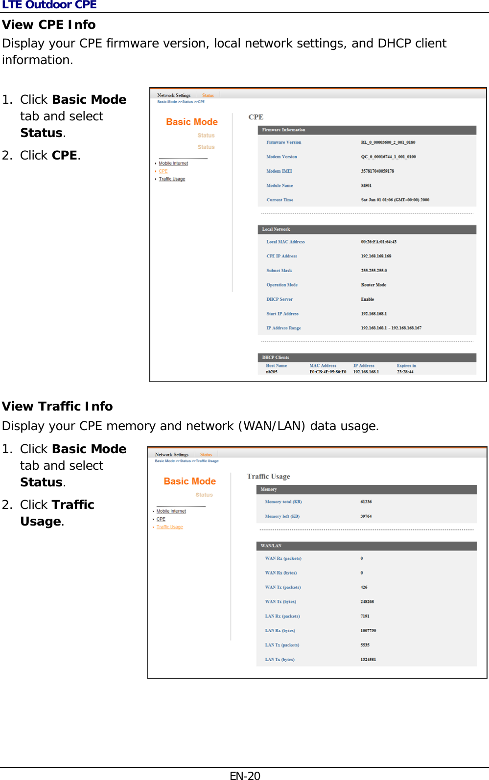 LTE Outdoor CPE EN-20 View CPE Info  Display your CPE firmware version, local network settings, and DHCP client information.  1. Click Basic Mode tab and select Status. 2. Click CPE. View Traffic Info Display your CPE memory and network (WAN/LAN) data usage. 1. Click Basic Mode tab and select Status. 2. Click Traffic Usage.      