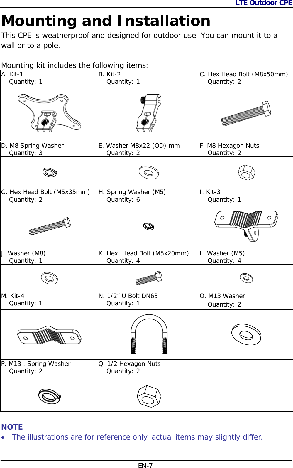 LTE Outdoor CPE  EN-7 Mounting and Installation This CPE is weatherproof and designed for outdoor use. You can mount it to a wall or to a pole.  Mounting kit includes the following items: A. Kit-1     Quantity: 1  B. Kit-2     Quantity: 1  C. Hex Head Bolt (M8x50mm)     Quantity: 2      D. M8 Spring Washer     Quantity: 3  E. Washer M8x22 (OD) mm     Quantity: 2  F. M8 Hexagon Nuts     Quantity: 2    G. Hex Head Bolt (M5x35mm)     Quantity: 2  H. Spring Washer (M5)     Quantity: 6  I. Kit-3     Quantity: 1    J. Washer (M8)     Quantity: 1  K. Hex. Head Bolt (M5x20mm)     Quantity: 4  L. Washer (M5)     Quantity: 4    M. Kit-4     Quantity: 1  N. 1/2” U Bolt DN63     Quantity: 1  O. M13 Washer     Quantity: 2     P. M13 . Spring Washer     Quantity: 2  Q. 1/2 Hexagon Nuts     Quantity: 2         NOTE  The illustrations are for reference only, actual items may slightly differ.  