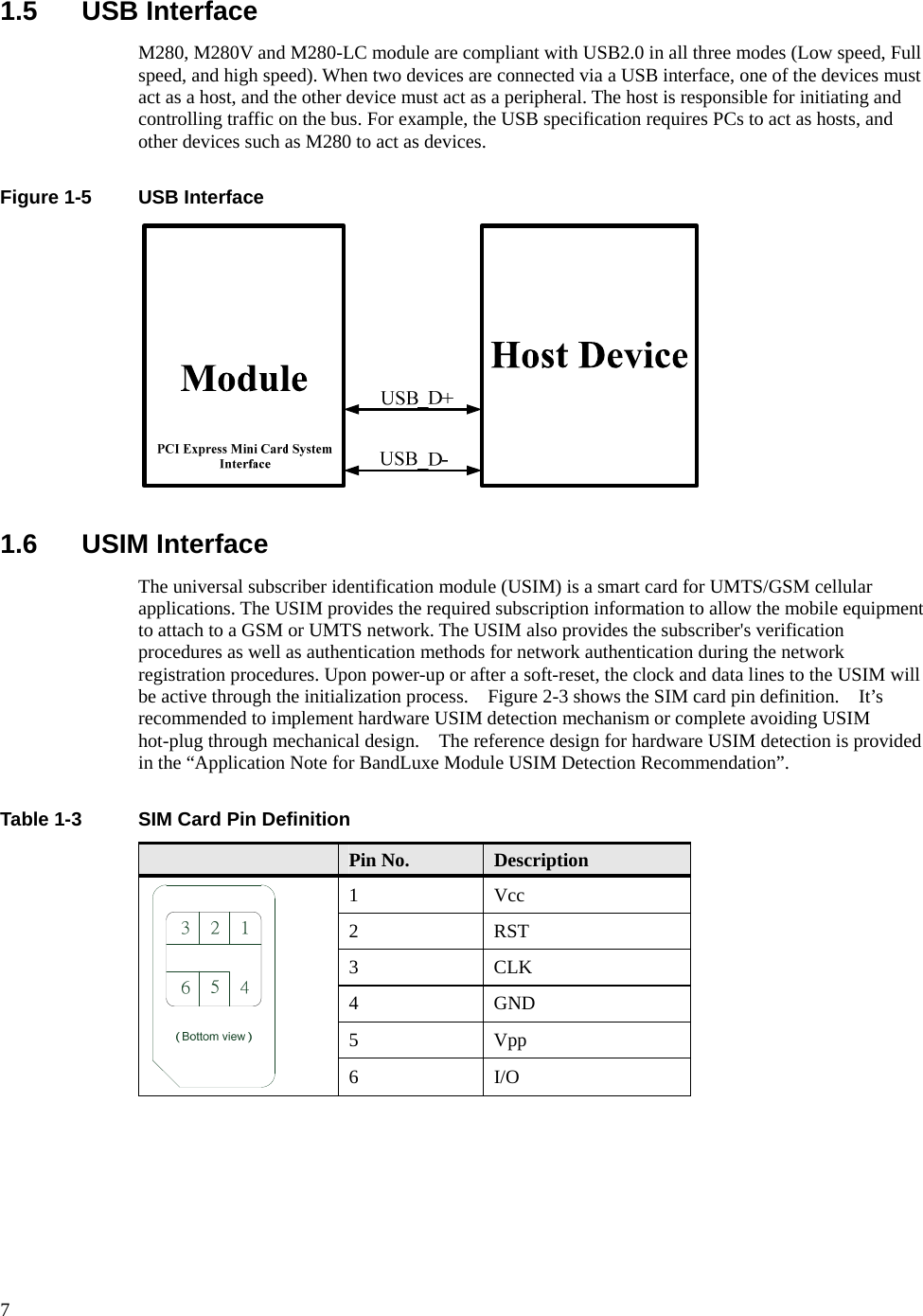      7 1.5 USB Interface M280, M280V and M280-LC module are compliant with USB2.0 in all three modes (Low speed, Full speed, and high speed). When two devices are connected via a USB interface, one of the devices must act as a host, and the other device must act as a peripheral. The host is responsible for initiating and controlling traffic on the bus. For example, the USB specification requires PCs to act as hosts, and other devices such as M280 to act as devices.  Figure 1-5  USB Interface   1.6 USIM Interface The universal subscriber identification module (USIM) is a smart card for UMTS/GSM cellular applications. The USIM provides the required subscription information to allow the mobile equipment to attach to a GSM or UMTS network. The USIM also provides the subscriber&apos;s verification procedures as well as authentication methods for network authentication during the network registration procedures. Upon power-up or after a soft-reset, the clock and data lines to the USIM will be active through the initialization process.    Figure 2-3 shows the SIM card pin definition.    It’s recommended to implement hardware USIM detection mechanism or complete avoiding USIM hot-plug through mechanical design.    The reference design for hardware USIM detection is provided in the “Application Note for BandLuxe Module USIM Detection Recommendation”.  Table 1-3  SIM Card Pin Definition  Pin No.  Description 1 Vcc 2 RST 3 CLK 4 GND 5 Vpp  6 I/O  