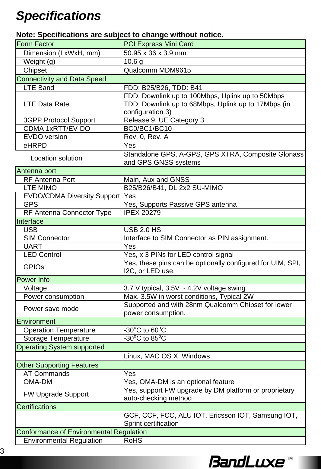  Getting Started 3 Specifications  Note: Specifications are subject to change without notice. Form Factor  PCI Express Mini Card Dimension (LxWxH, mm)  50.95 x 36 x 3.9 mm Weight (g)  10.6 g Chipset   Qualcomm MDM9615  Connectivity and Data Speed LTE Band  FDD: B25/B26, TDD: B41 LTE Data Rate  FDD: Downlink up to 100Mbps, Uplink up to 50Mbps TDD: Downlink up to 68Mbps, Uplink up to 17Mbps (in configuration 3) 3GPP Protocol Support  Release 9, UE Category 3    CDMA 1xRTT/EV-DO  BC0/BC1/BC10 EVDO version  Rev. 0, Rev. A eHRPD  Yes        Location solution  Standalone GPS, A-GPS, GPS XTRA, Composite Glonass and GPS GNSS systems Antenna port    RF Antenna Port  Main, Aux and GNSS LTE MIMO  B25/B26/B41, DL 2x2 SU-MIMO EVDO/CDMA Diversity Support Yes GPS  Yes, Supports Passive GPS antenna RF Antenna Connector Type  IPEX 20279 Interface    USB  USB 2.0 HS SIM Connector  Interface to SIM Connector as PIN assignment. UART Yes LED Control  Yes, x 3 PINs for LED control signal GPIOs  Yes, these pins can be optionally configured for UIM, SPI, I2C, or LED use. Power Info Voltage  3.7 V typical, 3.5V ~ 4.2V voltage swing Power consumption  Max. 3.5W in worst conditions, Typical 2W Power save mode  Supported and with 28nm Qualcomm Chipset for lower power consumption. Environment Operation Temperature  -30oC to 60oC  Storage Temperature  -30oC to 85oC  Operating System supported    Linux, MAC OS X, Windows Other Supporting Features AT Commands  Yes OMA-DM  Yes, OMA-DM is an optional feature FW Upgrade Support  Yes, support FW upgrade by DM platform or proprietary auto-checking method Certifications   GCF, CCF, FCC, ALU IOT, Ericsson IOT, Samsung IOT, Sprint certification Conformance of Environmental Regulation Environmental Regulation  RoHS 