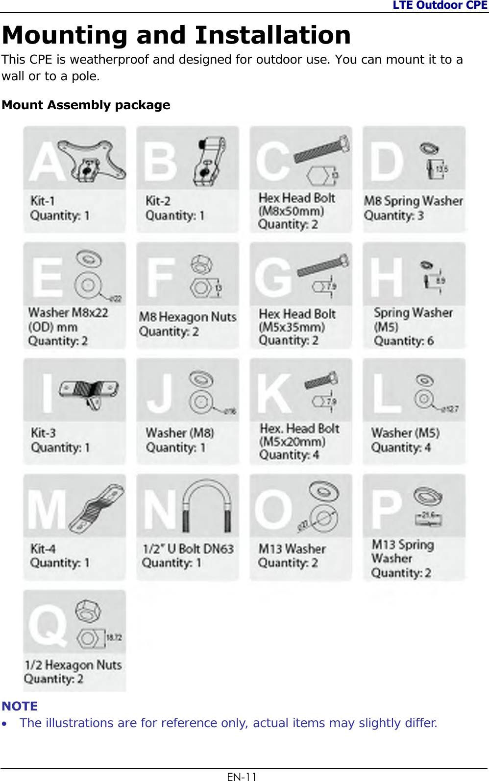 LTE Outdoor CPE  EN-11 Mounting and Installation This CPE is weatherproof and designed for outdoor use. You can mount it to a wall or to a pole. Mount Assembly package  NOTE  The illustrations are for reference only, actual items may slightly differ. 