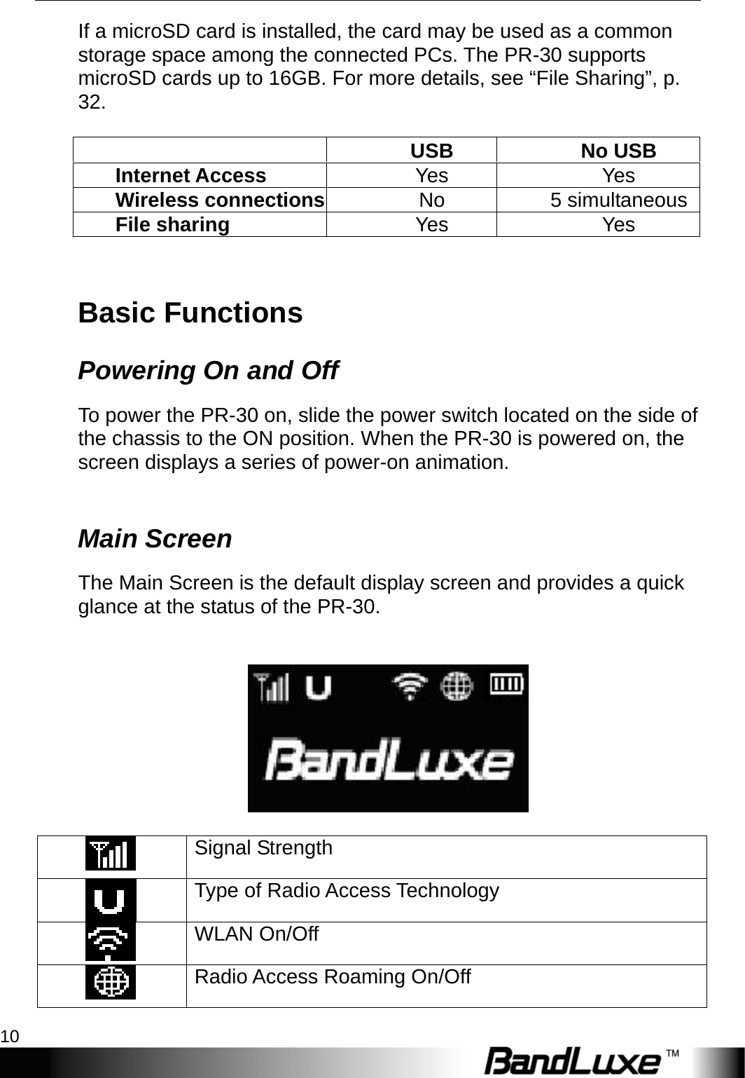 Getting Started 10  If a microSD card is installed, the card may be used as a common storage space among the connected PCs. The PR-30 supports microSD cards up to 16GB. For more details, see “File Sharing”, p. 32.     USB No USB Internet Access  Yes Yes Wireless connections No 5 simultaneousFile sharing  Yes Yes  Basic Functions Powering On and Off To power the PR-30 on, slide the power switch located on the side of the chassis to the ON position. When the PR-30 is powered on, the screen displays a series of power-on animation.    Main Screen The Main Screen is the default display screen and provides a quick glance at the status of the PR-30.        Signal Strength  Type of Radio Access Technology  WLAN On/Off  Radio Access Roaming On/Off 