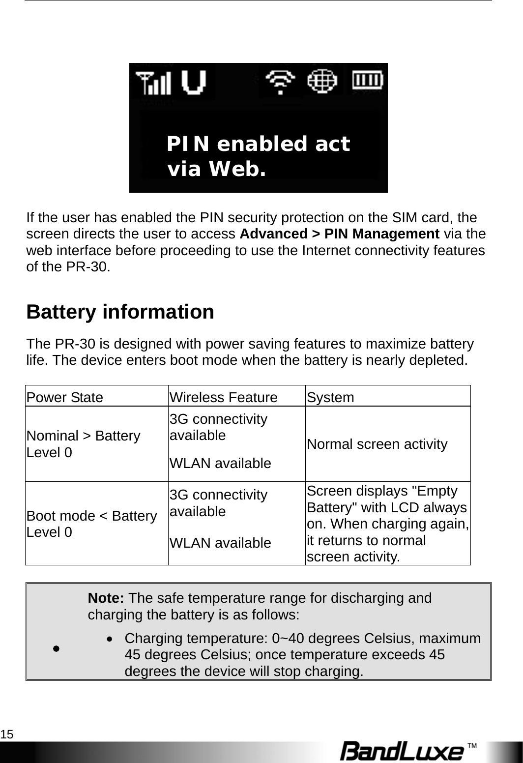  Getting Started 15      If the user has enabled the PIN security protection on the SIM card, the screen directs the user to access Advanced &gt; PIN Management via the web interface before proceeding to use the Internet connectivity features of the PR-30. Battery information   The PR-30 is designed with power saving features to maximize battery life. The device enters boot mode when the battery is nearly depleted.    Power State  Wireless Feature  System Nominal &gt; Battery Level 0 3G connectivity available  Normal screen activity WLAN available Boot mode &lt; Battery Level 0 3G connectivity available Screen displays &quot;Empty Battery&quot; with LCD always on. When charging again, it returns to normal screen activity. WLAN available  . Note: The safe temperature range for discharging and charging the battery is as follows: •  Charging temperature: 0~40 degrees Celsius, maximum 45 degrees Celsius; once temperature exceeds 45 degrees the device will stop charging. PIN enabled act     via Web. 