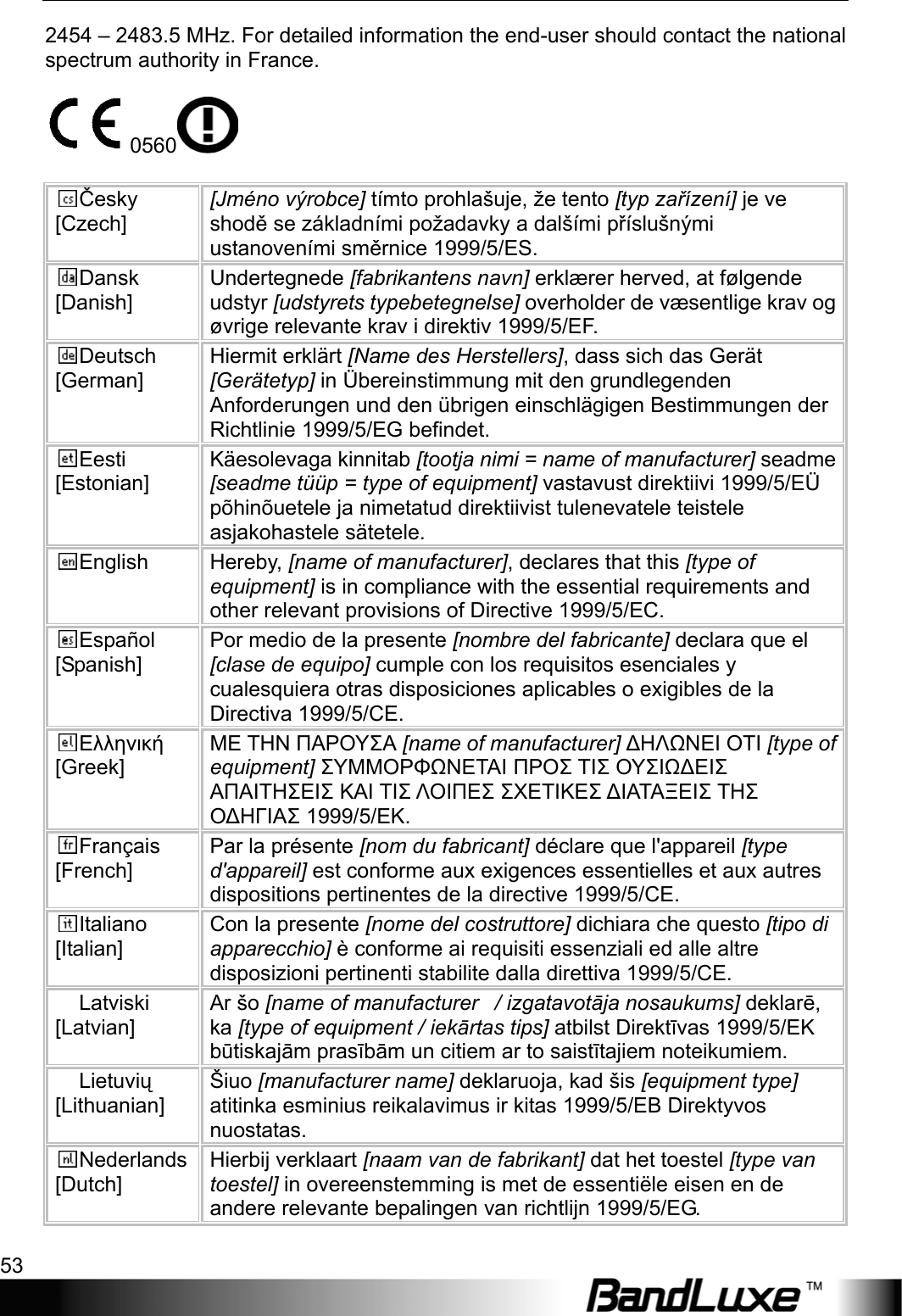   Appendix B: Important Safety Information and Glossary 53 2454 – 2483.5 MHz. For detailed information the end-user should contact the national spectrum authority in France.  0560   Česky [Czech] [Jméno výrobce] tímto prohlašuje, že tento [typ zařízení] je ve shodě se základními požadavky a dalšími příslušnými ustanoveními směrnice 1999/5/ES. Dansk [Danish] Undertegnede [fabrikantens navn] erklærer herved, at følgende udstyr [udstyrets typebetegnelse] overholder de væsentlige krav og øvrige relevante krav i direktiv 1999/5/EF. Deutsch [German] Hiermit erklärt [Name des Herstellers], dass sich das Gerät [Gerätetyp] in Übereinstimmung mit den grundlegenden Anforderungen und den übrigen einschlägigen Bestimmungen der Richtlinie 1999/5/EG befindet. Eesti [Estonian] Käesolevaga kinnitab [tootja nimi = name of manufacturer] seadme [seadme tüüp = type of equipment] vastavust direktiivi 1999/5/EÜ põhinõuetele ja nimetatud direktiivist tulenevatele teistele asjakohastele sätetele. English Hereby, [name of manufacturer], declares that this [type of equipment] is in compliance with the essential requirements and other relevant provisions of Directive 1999/5/EC. Español [Spanish] Por medio de la presente [nombre del fabricante] declara que el [clase de equipo] cumple con los requisitos esenciales y cualesquiera otras disposiciones aplicables o exigibles de la Directiva 1999/5/CE. Ελληνική [Greek] ΜΕ ΤΗΝ ΠΑΡΟΥΣΑ [name of manufacturer] ΔΗΛΩΝΕΙ ΟΤΙ [type of equipment] ΣΥΜΜΟΡΦΩΝΕΤΑΙ ΠΡΟΣ ΤΙΣ ΟΥΣΙΩΔΕΙΣ ΑΠΑΙΤΗΣΕΙΣ ΚΑΙ ΤΙΣ ΛΟΙΠΕΣ ΣΧΕΤΙΚΕΣ ΔΙΑΤΑΞΕΙΣ ΤΗΣ ΟΔΗΓΙΑΣ 1999/5/ΕΚ. Français [French] Par la présente [nom du fabricant] déclare que l&apos;appareil [type d&apos;appareil] est conforme aux exigences essentielles et aux autres dispositions pertinentes de la directive 1999/5/CE. Italiano [Italian] Con la presente [nome del costruttore] dichiara che questo [tipo di apparecchio] è conforme ai requisiti essenziali ed alle altre disposizioni pertinenti stabilite dalla direttiva 1999/5/CE. Latviski [Latvian] Ar šo [name of manufacturer   / izgatavotāja nosaukums] deklarē, ka [type of equipment / iekārtas tips] atbilst Direktīvas 1999/5/EK būtiskajām prasībām un citiem ar to saistītajiem noteikumiem. Lietuvių [Lithuanian]  Šiuo [manufacturer name] deklaruoja, kad šis [equipment type] atitinka esminius reikalavimus ir kitas 1999/5/EB Direktyvos nuostatas. Nederlands [Dutch] Hierbij verklaart [naam van de fabrikant] dat het toestel [type van toestel] in overeenstemming is met de essentiële eisen en de andere relevante bepalingen van richtlijn 1999/5/EG. 