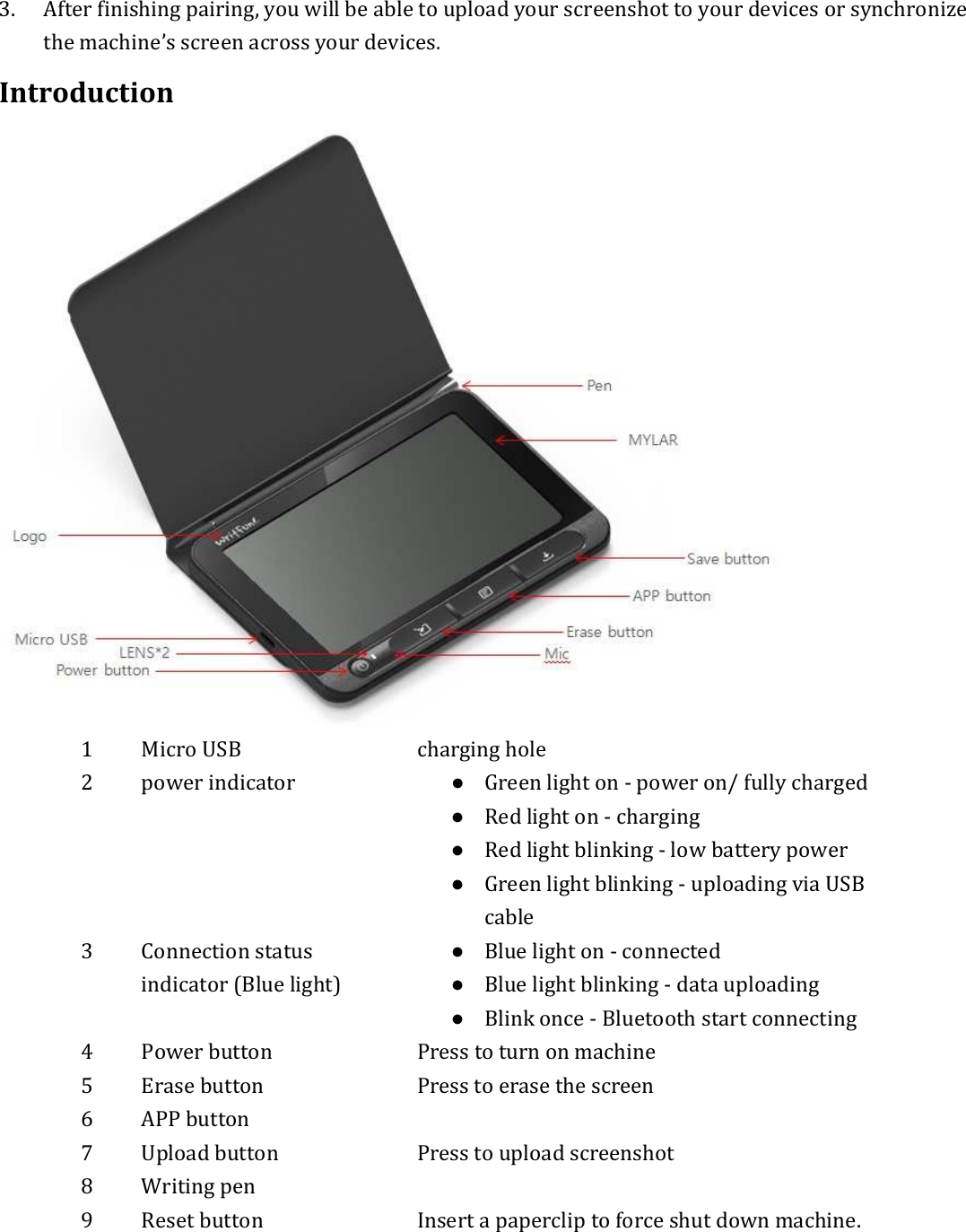 3. After finishing pairing, you will be able to upload your screenshot to your devices or synchronize the machine’s screen across your devices. Introduction  1  Micro USB  charging hole 2  power indicator  ● Green light on - power on/ fully charged ● Red light on - charging   ● Red light blinking - low battery power   ● Green light blinking - uploading via USB cable 3  Connection status indicator (Blue light) ● Blue light on - connected ● Blue light blinking - data uploading ● Blink once - Bluetooth start connecting 4  Power button  Press to turn on machine 5  Erase button  Press to erase the screen 6  APP button     7  Upload button  Press to upload screenshot 8  Writing pen   9  Reset button  Insert a paperclip to force shut down machine.  