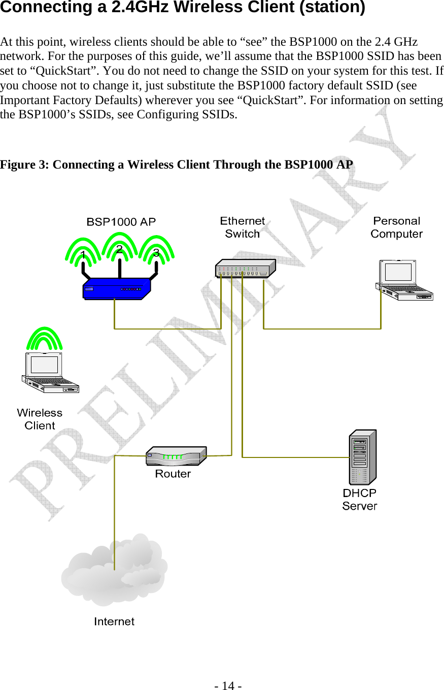    - 14 -  Connecting a 2.4GHz Wireless Client (station)  At this point, wireless clients should be able to “see” the BSP1000 on the 2.4 GHz network. For the purposes of this guide, we’ll assume that the BSP1000 SSID has been set to “QuickStart”. You do not need to change the SSID on your system for this test. If you choose not to change it, just substitute the BSP1000 factory default SSID (see Important Factory Defaults) wherever you see “QuickStart”. For information on setting the BSP1000’s SSIDs, see Configuring SSIDs.   Figure 3: Connecting a Wireless Client Through the BSP1000 AP   