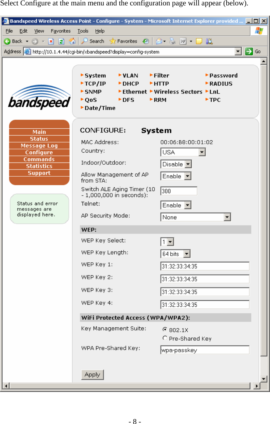    - 8 - Select Configure at the main menu and the configuration page will appear (below).   