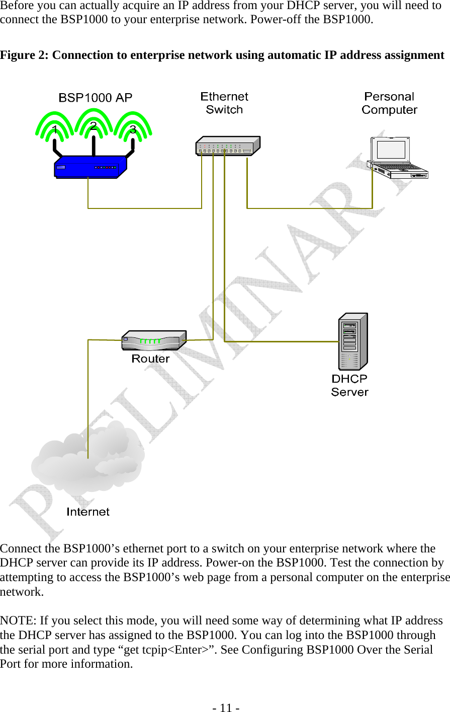    - 11 - Before you can actually acquire an IP address from your DHCP server, you will need to connect the BSP1000 to your enterprise network. Power-off the BSP1000.  Figure 2: Connection to enterprise network using automatic IP address assignment    Connect the BSP1000’s ethernet port to a switch on your enterprise network where the DHCP server can provide its IP address. Power-on the BSP1000. Test the connection by attempting to access the BSP1000’s web page from a personal computer on the enterprise network.  NOTE: If you select this mode, you will need some way of determining what IP address the DHCP server has assigned to the BSP1000. You can log into the BSP1000 through the serial port and type “get tcpip&lt;Enter&gt;”. See Configuring BSP1000 Over the Serial Port for more information. 