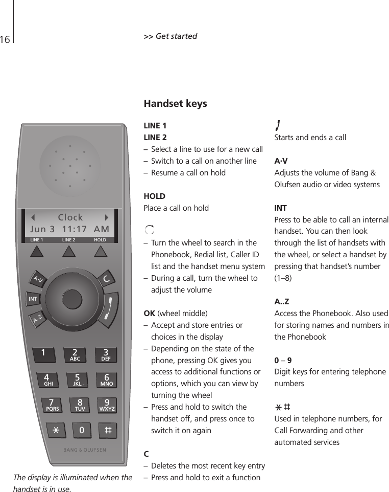 16A•VA..ZINTCLINE 1 LINE 2 HOLD102ABC 3DEF4GHI 5JKL 6MNO7 PQRS 8TUV 9WXYZClockJun 3  11:17  AMThe display is illuminated when thehandset is in use.&gt;&gt; Get started Handset keysLINE 1LINE 2– Select a line to use for a new call– Switch to a call on another line– Resume a call on holdHOLDPlace a call on hold– Turn the wheel to search in thePhonebook, Redial list, Caller IDlist and the handset menu system  – During a call, turn the wheel toadjust the volumeOK (wheel middle)– Accept and store entries orchoices in the display – Depending on the state of thephone, pressing OK gives youaccess to additional functions oroptions, which you can view byturning the wheel  – Press and hold to switch thehandset off, and press once toswitch it on again C– Deletes the most recent key entry – Press and hold to exit a functionStarts and ends a callA.VAdjusts the volume of Bang &amp;Olufsen audio or video systemsINTPress to be able to call an internalhandset. You can then lookthrough the list of handsets withthe wheel, or select a handset bypressing that handset’s number(1–8)A..ZAccess the Phonebook. Also usedfor storing names and numbers inthe Phonebook0 –9Digit keys for entering telephonenumbersUsed in telephone numbers, forCall Forwarding and otherautomated services 