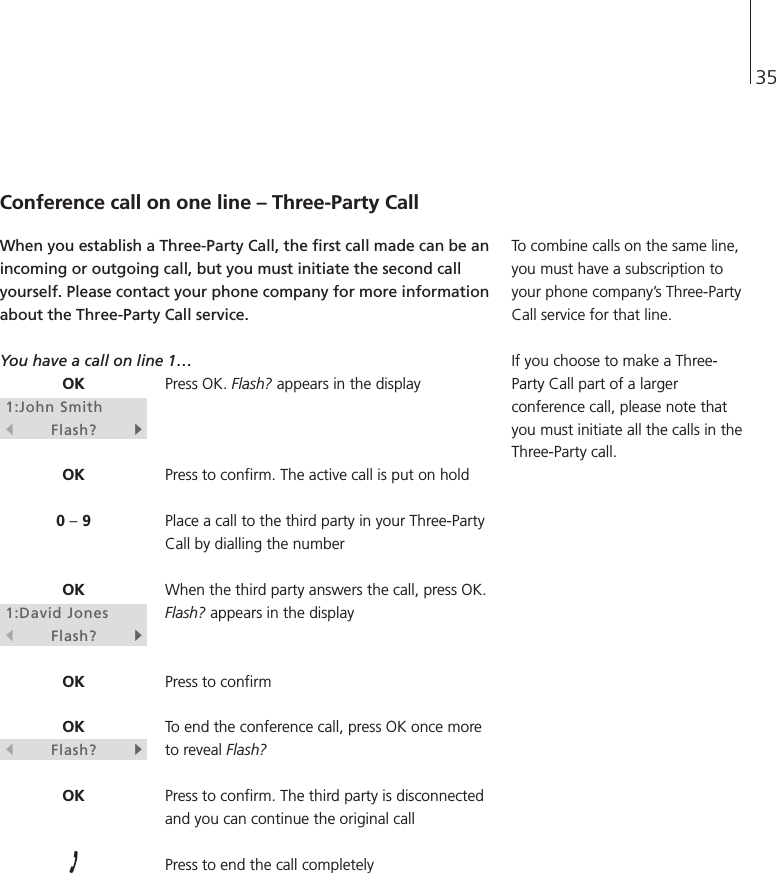 35Conference call on one line – Three-Party CallWhen you establish a Three-Party Call, the first call made can be anincoming or outgoing call, but you must initiate the second callyourself. Please contact your phone company for more informationabout the Three-Party Call service.You have a call on line 1…Press OK. Flash? appears in the displayPress to confirm. The active call is put on holdPlace a call to the third party in your Three-PartyCall by dialling the numberWhen the third party answers the call, press OK.Flash? appears in the displayPress to confirmTo end the conference call, press OK once moreto reveal Flash?Press to confirm. The third party is disconnectedand you can continue the original callPress to end the call completelyOK1:John SmithsFlash?tOK0 –9OK1:David JonessFlash?tOKOKsFlash?tOKTo combine calls on the same line,you must have a subscription toyour phone company’s Three-PartyCall service for that line.If you choose to make a Three-Party Call part of a largerconference call, please note thatyou must initiate all the calls in theThree-Party call.