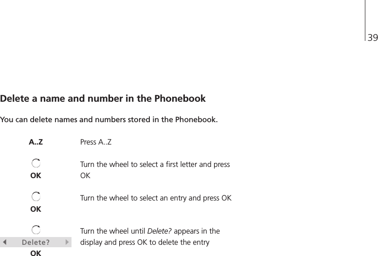 39Delete a name and number in the PhonebookYou can delete names and numbers stored in the Phonebook.Press A..ZTurn the wheel to select a first letter and pressOKTurn the wheel to select an entry and press OKTurn the wheel until Delete? appears in thedisplay and press OK to delete the entryA..ZOKOKsDelete?tOK