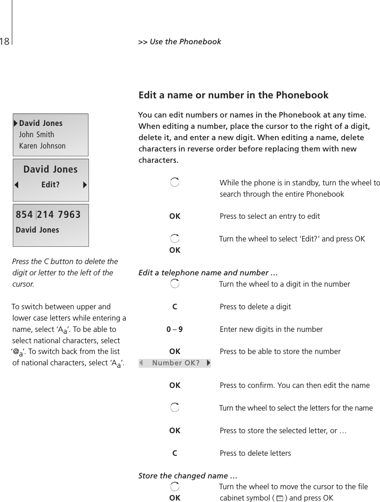 18Edit a name or number in the Phonebook You can edit numbers or names in the Phonebook at any time. When editing a number, place the cursor to the right of a digit, delete it, and enter a new digit. When editing a name, delete characters in reverse order before replacing them with new characters. While the phone is in standby, turn the wheel to search through the entire Phonebook Press to select an entry to edit Turn the wheel to select ‘Edit?’ and press OK Edit a telephone name and number … Turn the wheel to a digit in the number Press to delete a digit Enter new digits in the number Press to be able to store the number Press to conﬁrm. You can then edit the name Turn the wheel to select the letters for the name Press to store the selected letter, or … Press to delete letters Store the changed name … Turn the wheel to move the cursor to the ﬁle cabinet symbol (   ) and press OK &gt;&gt; Use the Phonebook David JonesJohn SmithKaren JohnsonDavid Jones854 214 7963David  JonesEdit?OKOKC0 – 9OK    Number OK?   OKOKCOKPress the C button to delete the digit or letter to the left of the cursor. To switch between upper and lower case letters while entering a name, select ‘Aa’. To be able to select national characters, select ‘@a’. To switch back from the list of national characters, select ‘Aa’. 