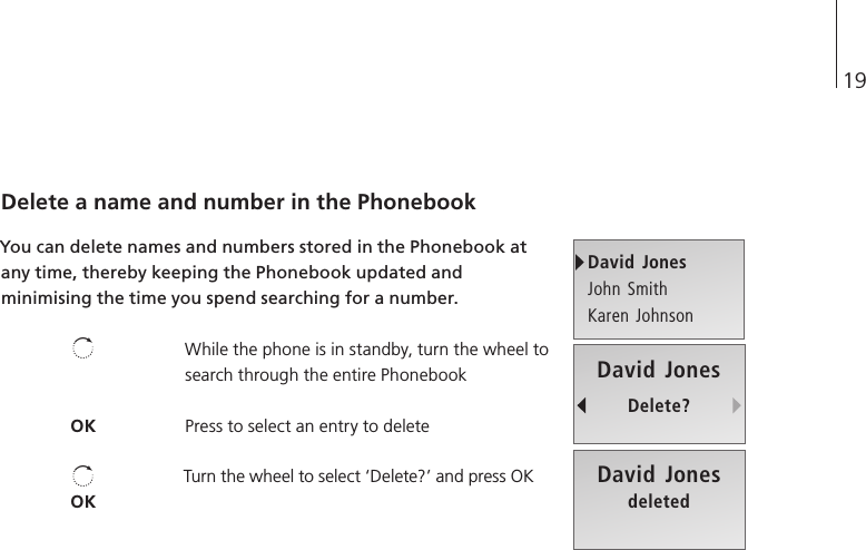 19Delete a name and number in the Phonebook You can delete names and numbers stored in the Phonebook at any time, thereby keeping the Phonebook updated and minimising the time you spend searching for a number.  While the phone is in standby, turn the wheel to search through the entire Phonebook Press to select an entry to delete Turn the wheel to select ‘Delete?’ and press OK David JonesJohn SmithKaren JohnsonDavid JonesdeletedDavid JonesDelete?OKOK