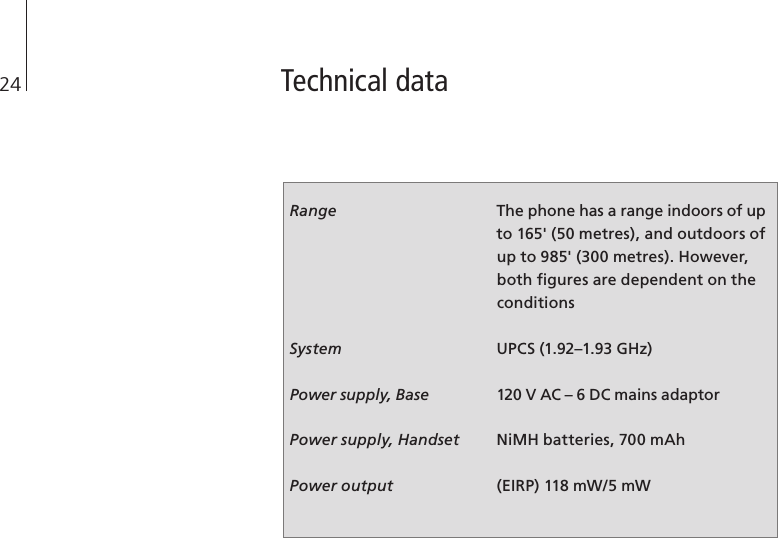 24Technical data Range The phone has a range indoors of up to 165&apos; (50 metres), and outdoors of up to 985&apos; (300 metres). However, both ﬁgures are dependent on the conditions System UPCS (1.92–1.93 GHz) Power supply, Base 120 V AC – 6 DC mains adaptorPower supply, Handset NiMH batteries, 700 mAh Power output (EIRP) 118 mW/5 mW 